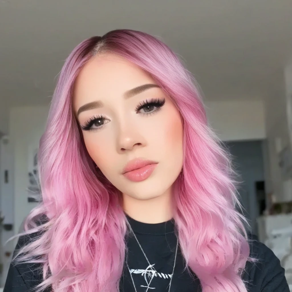 woman with pink hair and a grey top sitting at a table, with pink hair, ava max, pink hair, kylie jenner, wearing a pastel pink hoodie, wearing a pink hoodie, kailee mandel, pink straight hair, light pink hair, light pink hair with pink flames, pink wispy hair, dyed hair, huge pink hair, long pink hair
