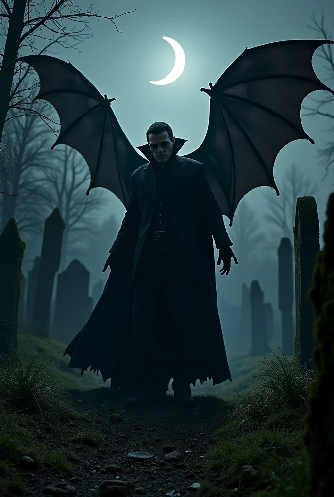 A male vampire standing aggressively on a graveyard, vampire bats are flying aggressively, night, horror, movie poster, oil painting effect, angry, motion, Indian, red eyeball, moon, long teeth, long nail,