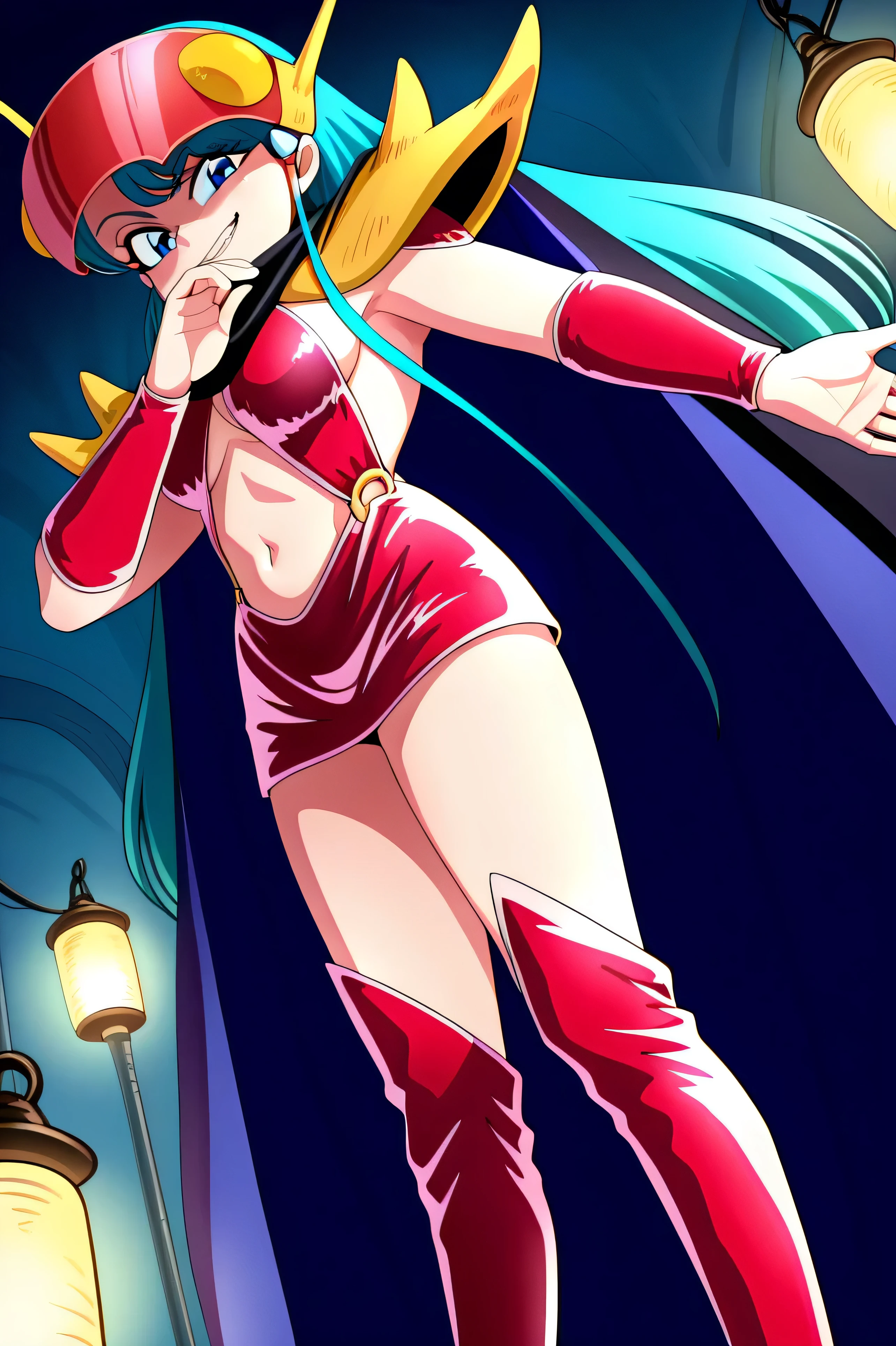 masterpiece, best quality, , Absard Dress, 1 girl, alone,villain pose ,,Stand in front, low angle,beautiful body, beautiful hands , beautiful legs,from below,looking at viewer,
Kuki_king, Onyomiko , lantern, long hair, blue eyes, Chest for Men,
Head Mounted Display, Hair Ornaments Closer to the Garden, yellow shoulder pads , Blue Coat, red bikini armor, sideboob, Red Armrests , midriff, belly button, throw,Viewer,, Brings Your Hands Closer to Your Mouth,,Beautiful hands and feet,thigh-high boots, low angle,Shadow Face(Eyes Hidden in Shadows),evil smirk,amazing quality,