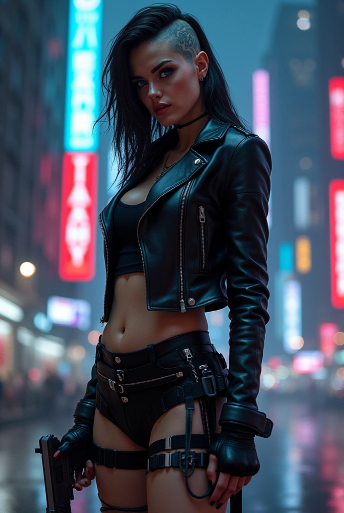 Heavy metal album cover female singer stage, post-apocalyptic city, insanely detailed real shiny skin, masterpiece body quality, black leather pants, real color, erotic and strong, black sunglasses, 8k resolution🔥, Miki Asai Macro photography, close-up, hyper detailed, trending on artstation, sharp focus, studio photo, intricate details, highly detailed, cinematic by zack snider