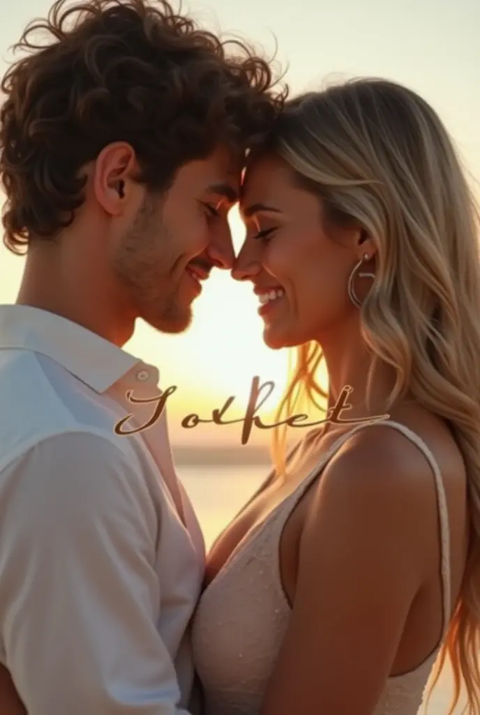 Beautiful girl with wavy long hair, bikini dress, holding a white board with text "I Love Seaart Infinity" and sitting on a guy's lap.. the guy who have short hair and his outfit is lite and they kissed hard