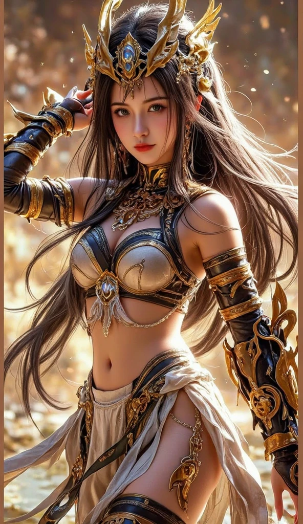 On the steppe, fighting ethnos, whole body, from_side, holding_sword, tattoo, muscle, girl, woman,, 30 years old, very long hair, hair above one eye, long hair flowing in the wind, self-righteous, navel, feather headdress, jewelry necklace,