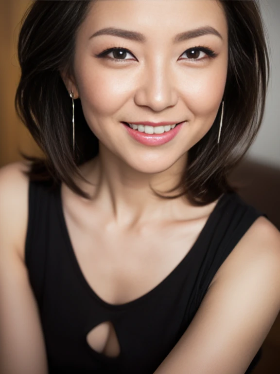 (((Highest quality)), ((8k)), ((masterpiece: 1.3)), (Photorealism: 1.6), (JMA), (Who), (Portrait of a Japanese mature woman), (Pitch black background: 1.2), (65-year-old woman), (Cat face), (Perfect looks), ((Realistic skin texture)), (Fine wrinkles all over the skin), (Dullness), (Facial wrinkles), (Wrinkles around the eyes), double eyelid, Tear bags under the eyelids, (corner of the eye), Thin eyebrows, (Grimacing and laughing), Short bangs, short hair, (Colorful V-neck sexy dress: 1.2), (Close-up of face),