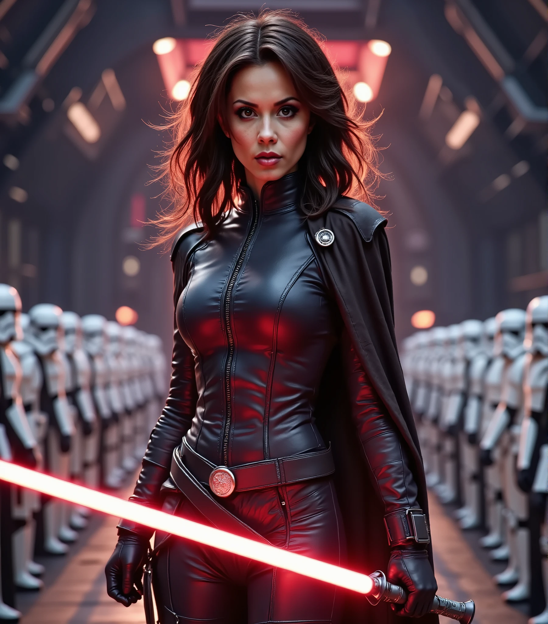 Lexa Doig as a Mara Jade Skywalker with perfect eyes with long black hair, dressed in tight leather turtleneck combat outfit with pauldrons, using a red lightsaber, a hooded cape, strong seductive makeup, bedroom eyes, evil smirk, arrogant smirk, cinematic lighting, photorealism, background: on a sci-fi battelfield with a legion of stormtroopers standing shoulder to shoulder far behind her, blurry background, night time with stars, dark blurry background with red glow,