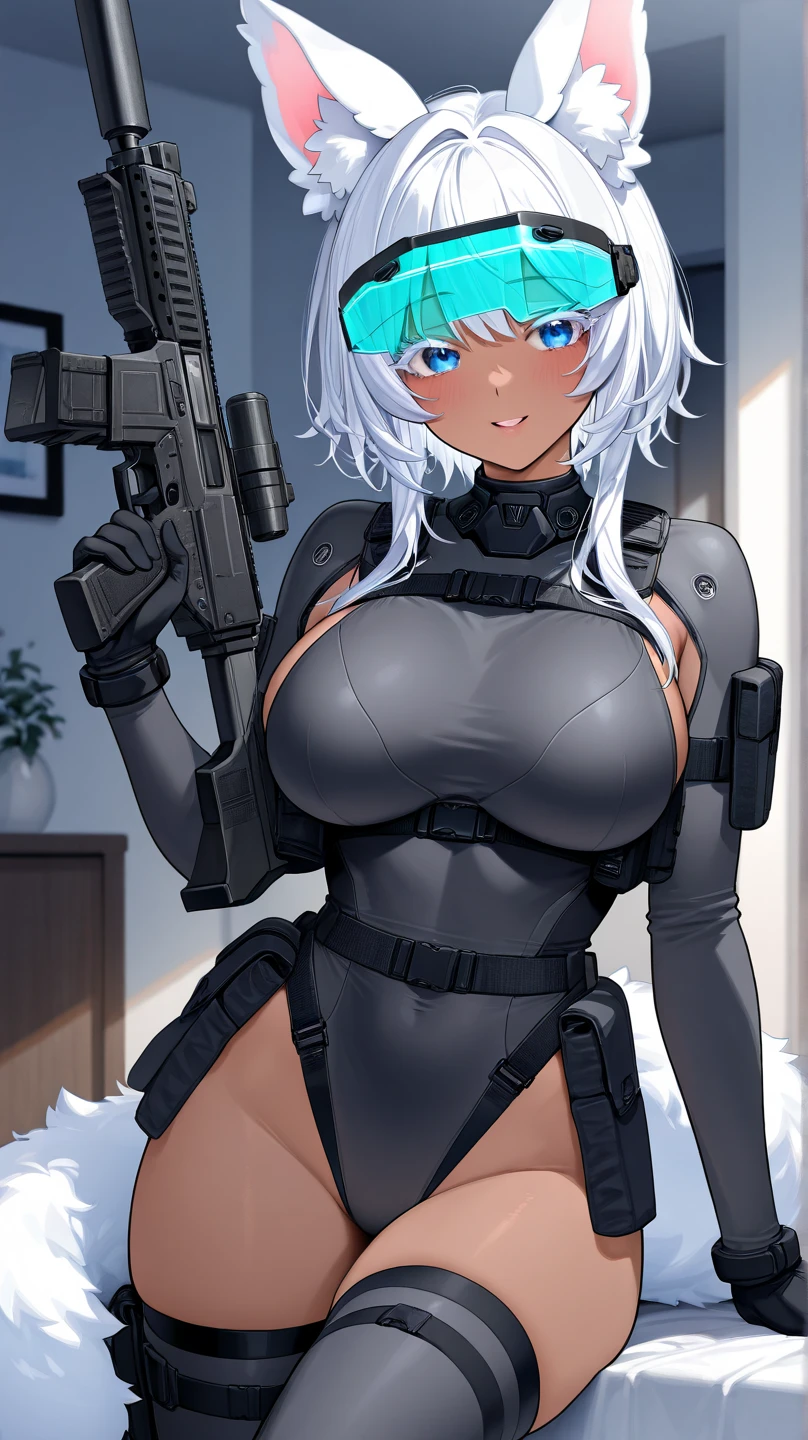 Best Quality, 8k, High resolution, high quality, masterpiece, Beautiful, (Anatomically correct:1.2), A beautiful woman, 20th Generation, Silky gray hair, Straight Long, long bangs that hide one eye, Red eyes, Beautiful Skin, Tall and toned body, pointy big breasts, Rider Suit, Scarf, carry a gun on one's back, night, skyscraper, evil grin, (looking up), upper body,