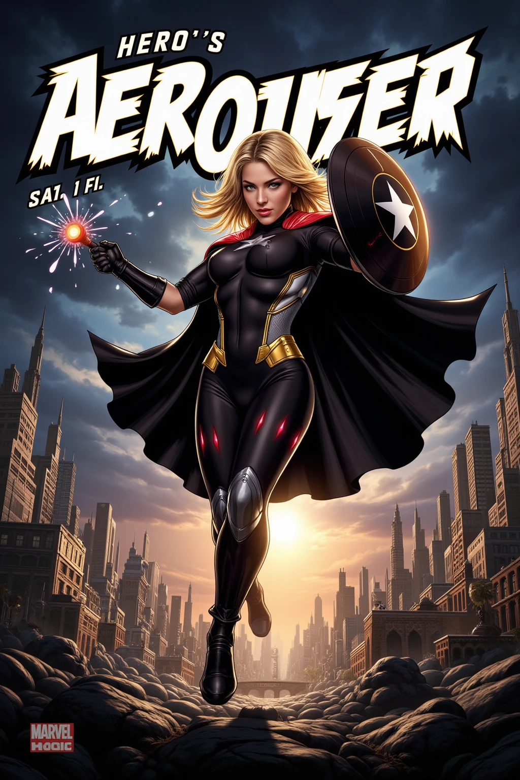 A full body action pose of a Beautiful evil nazi woman (mid-20’s) with long platinum blonde hair  and blue eyes filled with hate, and thin red lips, a sadistic grin across her face.  She is wearing a skintight purple and black costume with a red swaztika on her chest. She is being protected by a force field. Destroying, Evil wins, burning city, lots of bodies litter the ground.