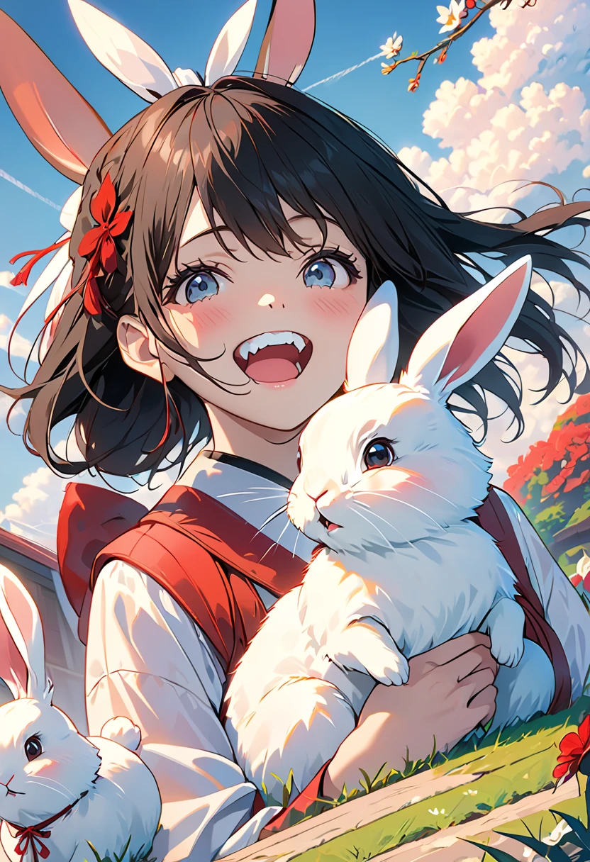 Two-dimensional beauty，Beautiful face，（Lovely appearance golden ratio），（Natural smile），（adorable smile），（Naturally long hair），smallunderboob，small-sized buttocks，（Two-dimensional wind），（Estilo de Makoto Shinkai），With rabbit ear decoration，Pink rabbit ears，Wear white clothes，Long jacket，Red boots，forest backgrou，Warm background，warm current，Gentle light