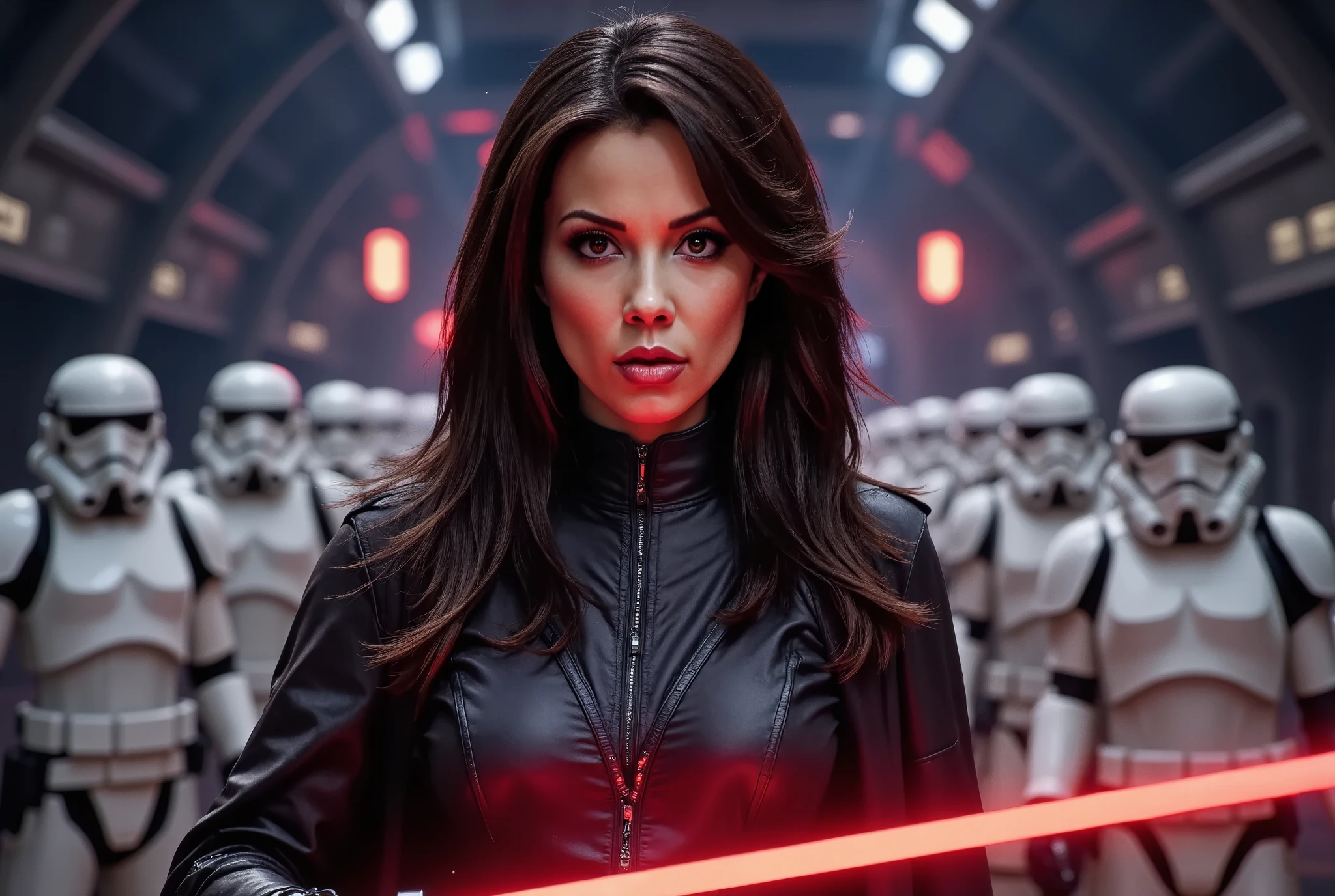 Lexa Doig as a Mara Jade Skywalker with perfect eyes with long black hair, dressed in tight leather turtleneck combat outfit with pauldrons, using a red lightsaber, a hooded cape, strong seductive makeup, bedroom eyes, evil smirk, arrogant smirk, cinematic lighting, photorealism, background: on a sci-fi battelfield with a legion of stormtroopers standing shoulder to shoulder far behind her, blurry background, night time with stars, dark blurry background with red glow,