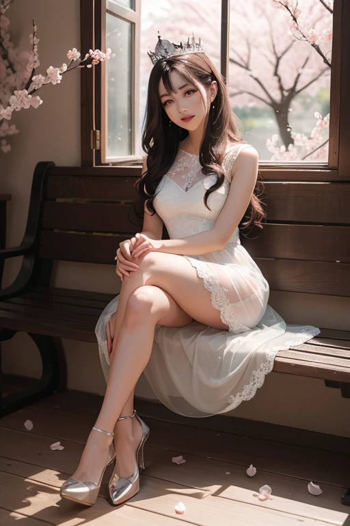 ((Masterpiece)), (Best Quality: 1.4), 8k, (High Detail: 1.4), (Ultra Detail: 1.2), Very Detailed CG Unity 8k wallpaper, 1 girl, solo, plant, sitting, jewelry, brown hair, bracelet, dress, potted plant, white footwear, brown eyes, pillow, indoor, full body, sofa, red dress, looking at the audience, parted lips, sunlight, shoes, earrings, days, translucent skirt