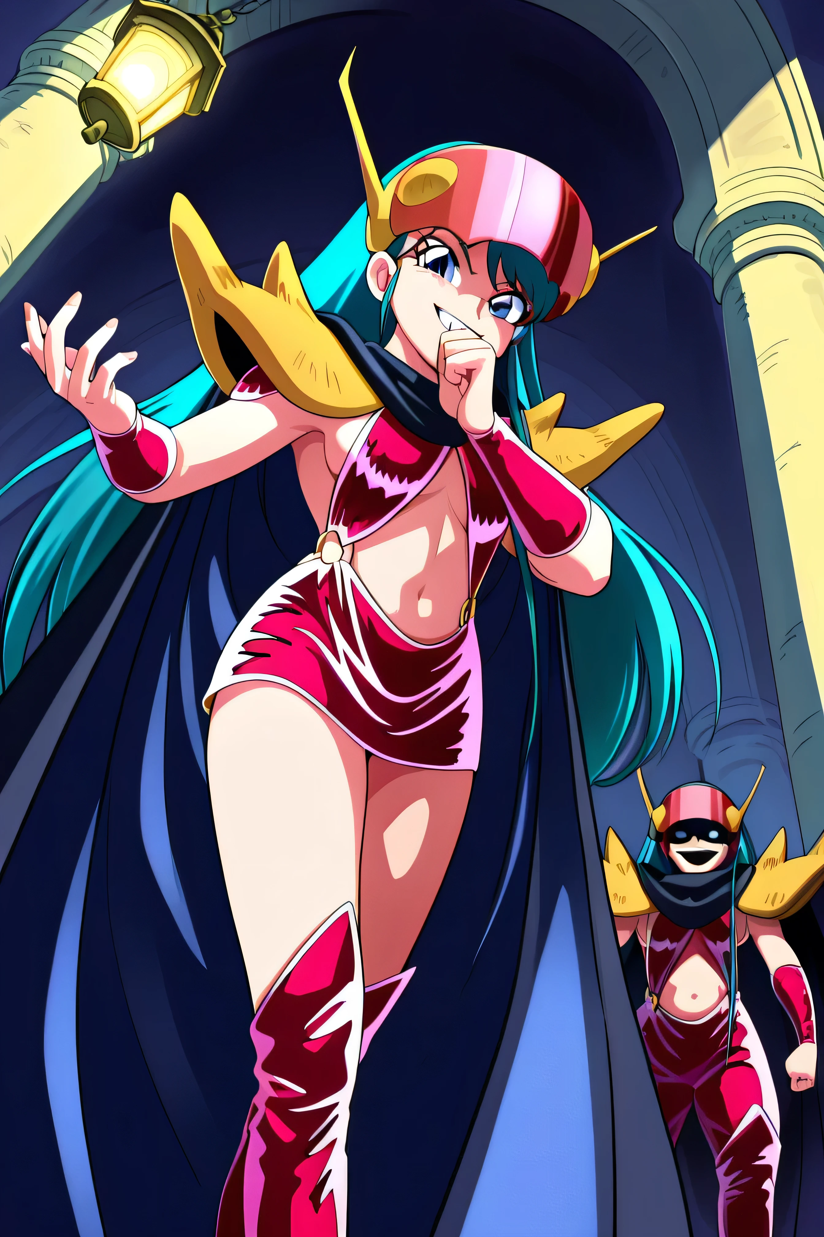 masterpiece, best quality, , Absard Dress, 1 girl, alone,villain pose ,,Stand in front, low angle,beautiful body, beautiful hands , beautiful legs,from below,looking at viewer,
Kuki_king, Onyomiko , lantern, long hair, blue eyes, Chest for Men,
Head Mounted Display, Hair Ornaments Closer to the Garden, yellow shoulder pads , Blue Coat, red bikini armor, sideboob, Red Armrests , midriff, belly button, throw,Viewer,, Brings Your Hands Closer to Your Mouth,,Beautiful hands and feet,thigh-high boots, low angle,Shadow Face(Eyes Hidden in Shadows),evil smile,amazing quality,