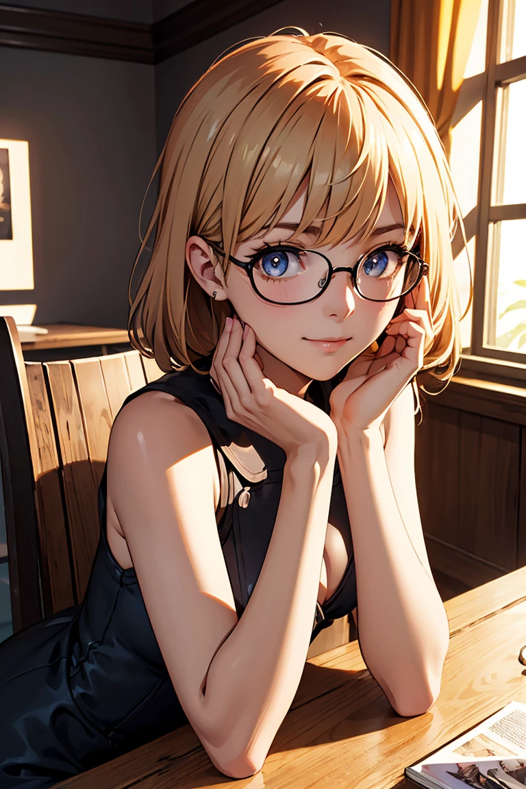 American Adulterous Wife Specializing in Gravure Top Model Private, knit clothing, loose knit sweater, bewitching, gravure pose, glasses, 20's baby face, bra glimpse, bra visible through the collar of the sweater, bending forward.