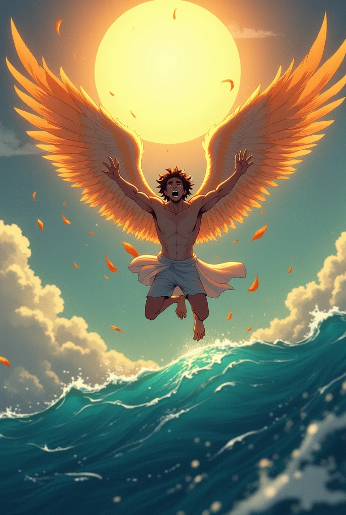 Cartoon of cute energetic muscular man with long white wings, surrounded buy blue and white electricity , background is blue with clouds at top and ocean at the bottom