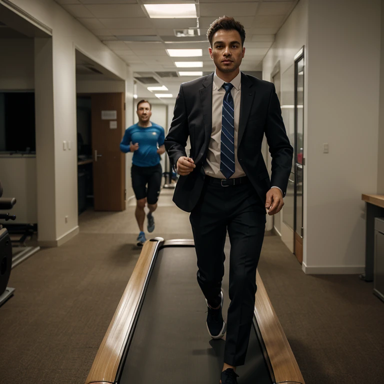 (Um grupo de vendedores, homens e mulheres),(one of them is in a position to start running while the others are cheering him on),(office work clothes),(in the setting of an office)