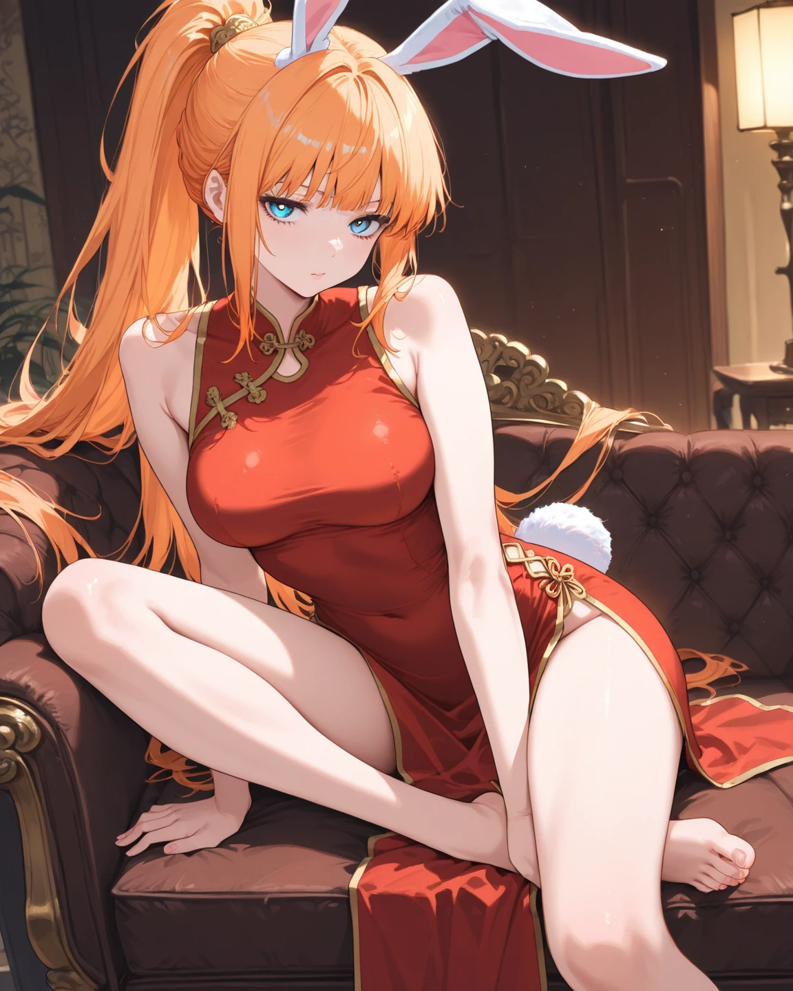A beautiful woman with straight orange hair wearing an elegant red Asian dress with black edges.