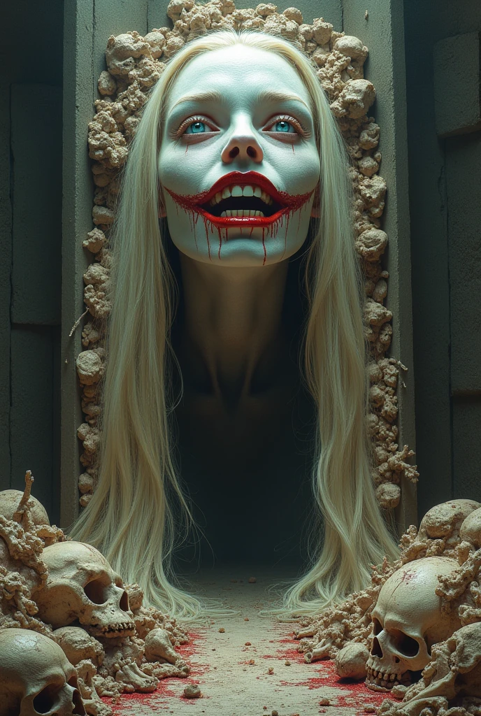 She is possessed by Lucifer himself Her face is pale Her wounds are infected Distorted and terrifying facial expression, with a macabre smile Erratic body movements, contorted and supernatural Pale skin, emaciated or sickly looking Distorted voice, serious or with supernatural echoes