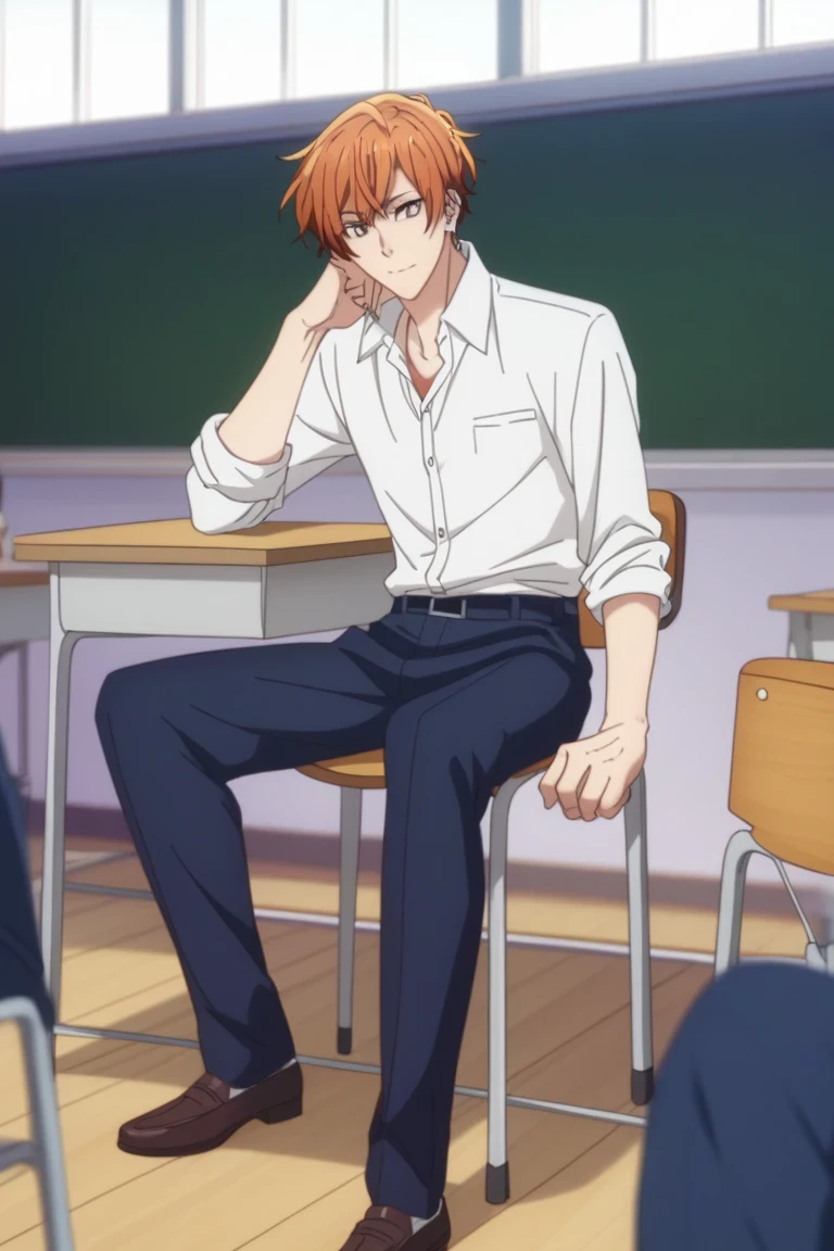 man, un man, short hair, orange hair, brown eyes , navy blue school pants, white school dRess shiRt, Arrogant smile, En cuclillas posture, En cuclillas, in a classroom, Sit on the classroom floor, Anime by Sasaki Shummei, En cuclillas posture, En cuclillas