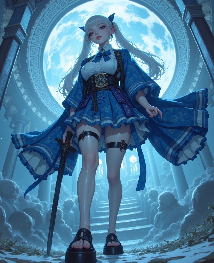 Full body,city,(Roxy) (Witcher mushoku tensei)ultra-detailed, CG, unit, 8k wallpaper),full body, pretty,(masterpiece), (realistic), (photorealistic: 1.2), (raw photo: 1.2), (best quality: 1.2), (detailed face: 1.4), (beautiful detailed eyes: 1.2), (detailed hair),(white eye)1girl,Wonder girl ,blue hair,(long hair((,bring magical Spear),wear white custom fabric ,kebaya dress,hat,.(soccerer,)paladin.