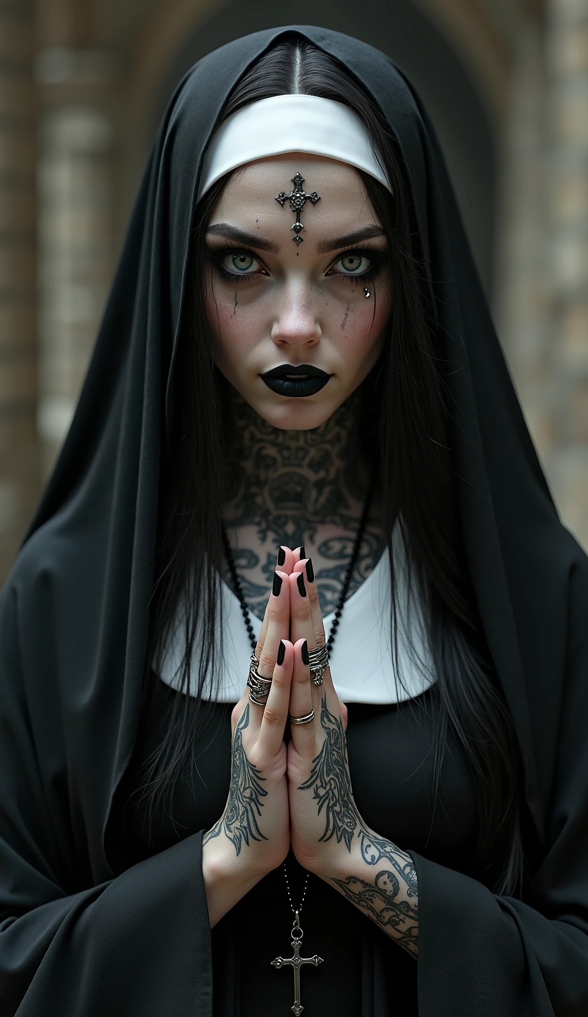 A highly detailed, photorealistic portrait of a gothic-inspired nun with a dark occult aesthetic. She has pale skin and piercing gray eyes, framed by long, deep black hair that flows from beneath her traditional black and white nun's habit. Her face, neck, and hands are adorned with intricate black tattoos featuring occult sigils, alchemical symbols, and gothic script. She stands solemnly in the center of the frame, her hands folded in prayer. Her expression is intense and otherworldly, her gaze locking onto the viewer with a quiet, ominous presence. Her lips, painted deep black, are slightly parted, as if she is whispering something forbidden. Her eyes are framed by dramatic, smokey makeup, with streaks of smudged mascara running down her cheeks, as if she had been crying. Her nails are painted a glossy black, complementing her dark aesthetic. She wears silver or dark metallic rings on her fingers, and her face has subtle metallic piercings on her eyebrows, lips, and ears. Around her neck hangs a delicate chain with an inverted cross pendant, resting just above her collarbone. The background features blurred, shadowy stone walls of an ancient monastery or castle, subtly illuminated by soft, moody lighting. The atmosphere remains gothic, ethereal, and steeped in a sense of eerie reverence, keeping the focus entirely on the mysterious figure.