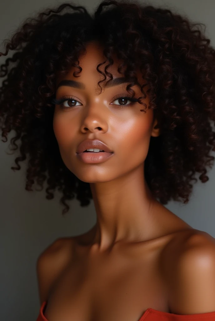 BEAUTIFUL BLACK WOMAN, brown eyes and curly hair, with full breasts, big boobies!