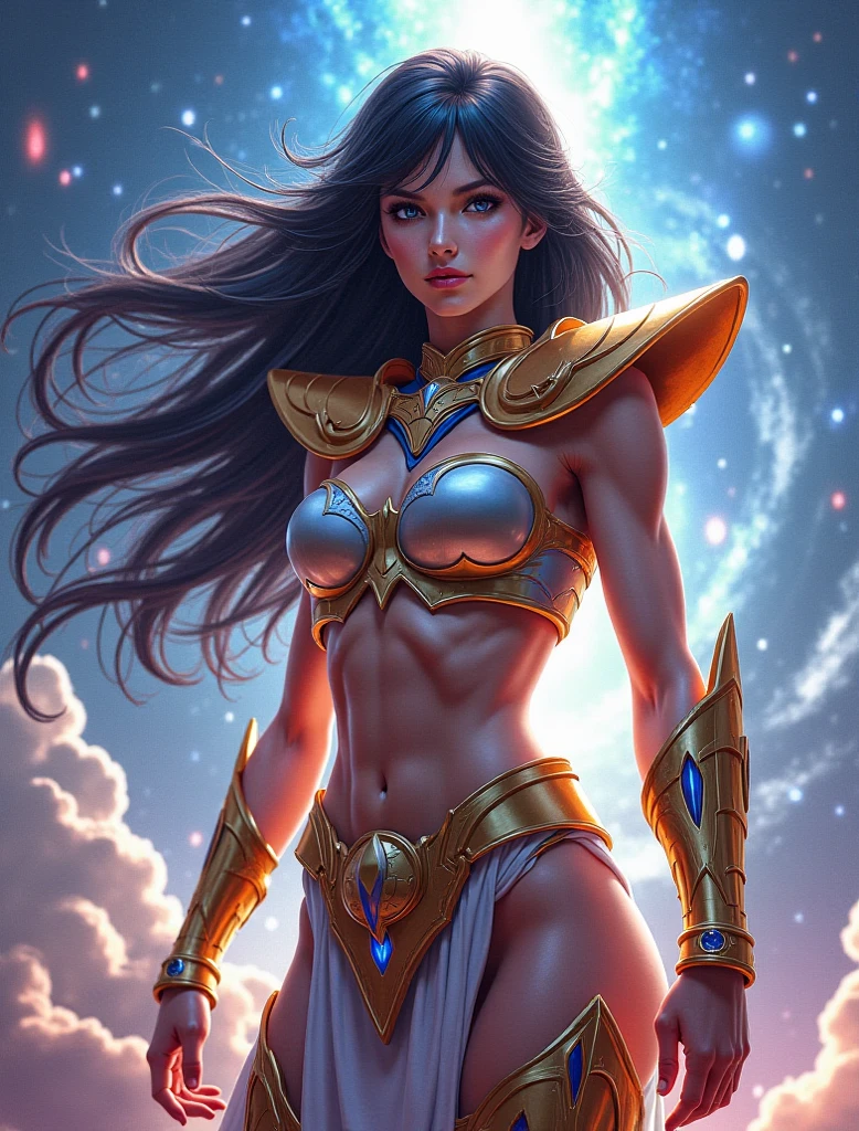 ( Masterpiece, 4k resolution, ultra-realistic, very detailed) Sexy star sapphire cosmic super heroine (wears a tiara/headband) photography by artgerm, in the style of realism, glistening skin, cartooncore, mangacore, natural lighting, Defined full lips. Muscular fitness feminine body (In space)