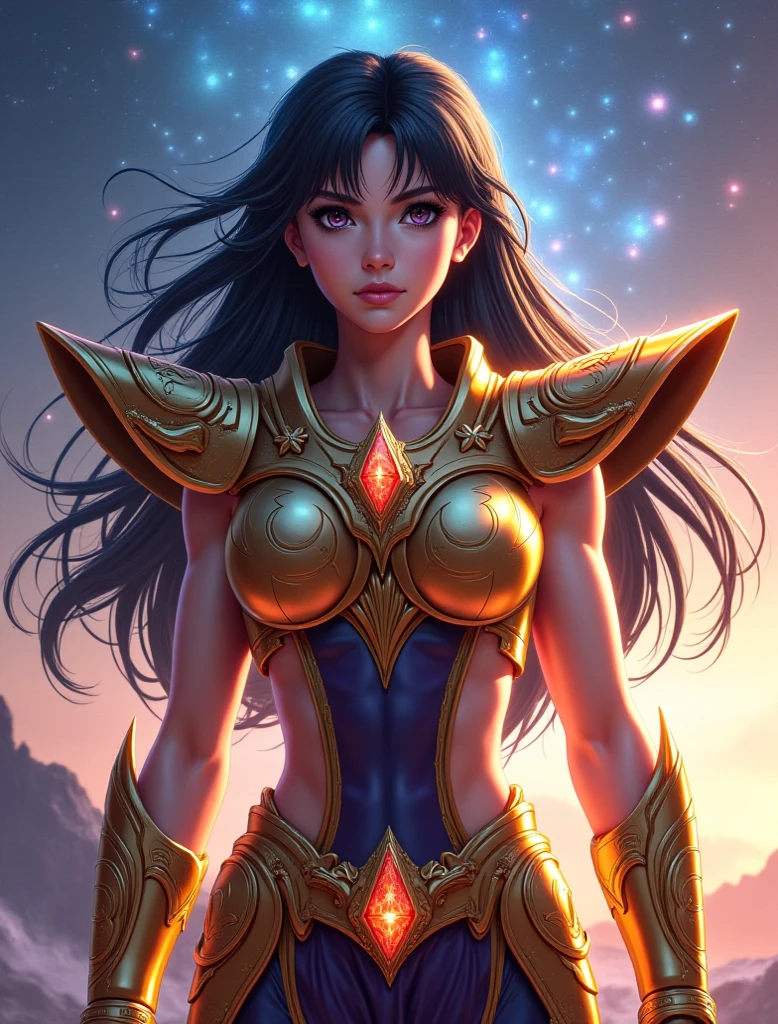 There is an adult European woman , Saint Seiya , Unicorn Purple armor, Dark hair, red lips, Eye shadow, natural makeup, long curved hait, beautiful chest, Second Life Avatar, Beautiful screenshot, Second Life, attractive woman, high quality, highly detailed skin, dynamic pose