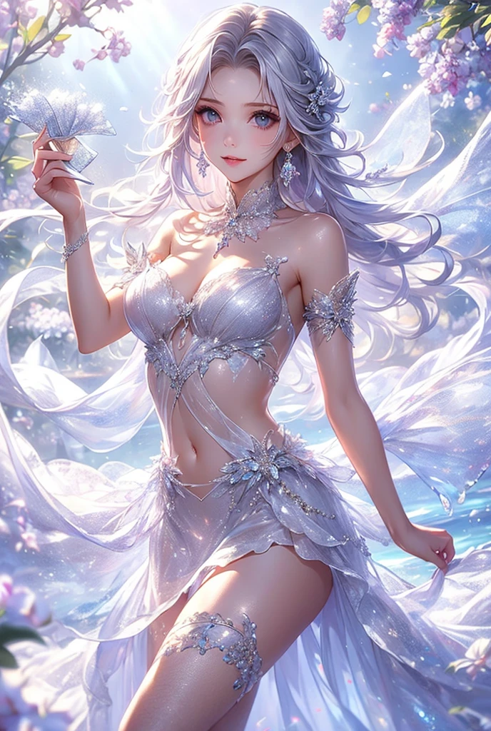 Paradise in Heaven, White lighting,(muste piece), (best quality), (cinematic), 8K, (art station),(長いwhite hairとSilvery eyesを持つ1人の女), (beautiful delicate face)、[Frozen trees々], [landscape crystal], [lighting], [Ethereal Atmosphere:1.1], [fantasy, short story] ,[soft なlighting] 、(+cinematic shot:1.2)、 [+art station] 、[+luminous white background] 、 [soft glow] 、(Creative and dynamic angles:1.3), [+Crystal Toning] 、muste piece, very detailed, Super detailed, solo, (pale skin), Silvery eyes, white hair, (snow background), (snowflake rosen flower:1.0), (shining crystal), (Snowy ground), (White lashes), sexy woman、dreamy and detailed, Gorgeous setting, 妖しい雰囲気 muste piece, The most beautiful scenes, majestic、(((full of white flowers)))、quiet and serene atmosphere、attractive, all white tones,Inside the crystal library,Transparent flowers and falling snow，Many white roses are planted,(water flowing,waterfall,water bloom),The decoration is also carefully done.,dream（very detailedです，creative design，crisp and precise lines，K HD，best quality，master piece，超High resolution，In 4K）、Diverse poses、((beautiful white flower hair ornament))、beautiful hairstyle、(best quality, In 4K, 8K, High resolution, muste piece:1.2), Super detailed, detailed expression, graceful posture, expressive brush strokes, mysterious atmosphere, artistic interpretation,Delicate floral jewelry， (((Detailed design、beautiful transparent dress、Sheer sexy dresses)))、(SFW:1.5), (oversized breasts, best body proportions, proportions of large breasts,:1.5),(white decoration on thigh)、((Beautiful accessories that wrap around your legs))。((A beautiful accessory that wraps around your wrist))