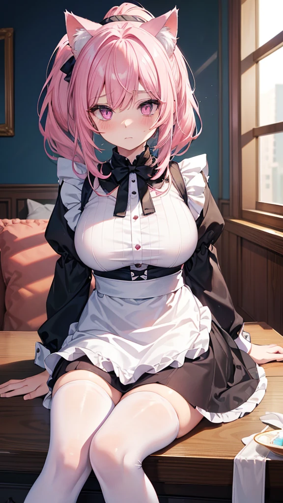 ((masterpiece)), ((best quality)), ((highly detailed)), (original), ((delicate background)), ((extremely detailed 8K wallpaper)), sweet, depth of field,
BREAK
((classic maid clothes)), ((scanty clothing)), lots of frills, ((huge breasts)),
BREAK
curly hair, faint pink hair, short hair,
BREAK
((heart-shaped eyes)), pink eyes, tongue out, blush, sweating,
BREAK
1girl, solo, cute girl, , shiny skin,
BREAK
full body shot, sitting on the bed, looking at the viewer,