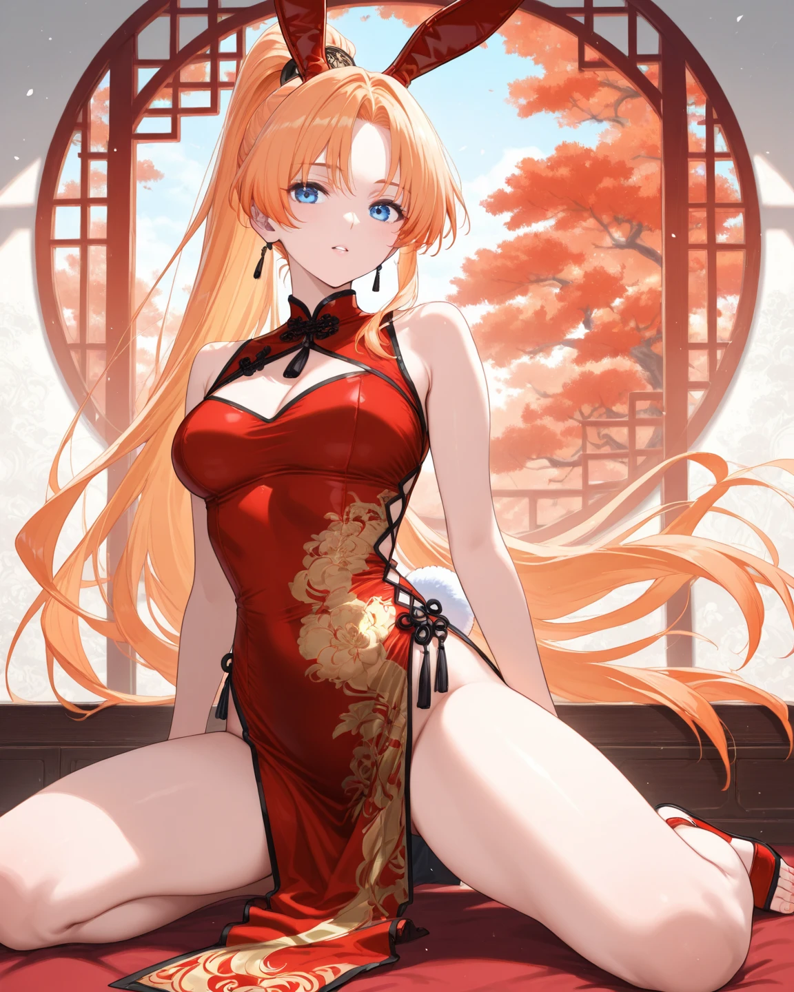 masterpiece, best quality, highres, kitagawa marin, 1girl, blonde hair, long hair, swept bangs, gradient hair, red eyes, jewelry, earrings, piercing, glossy lips, parted lips, outdoors,, cheongsam, sleeveless, bare legs