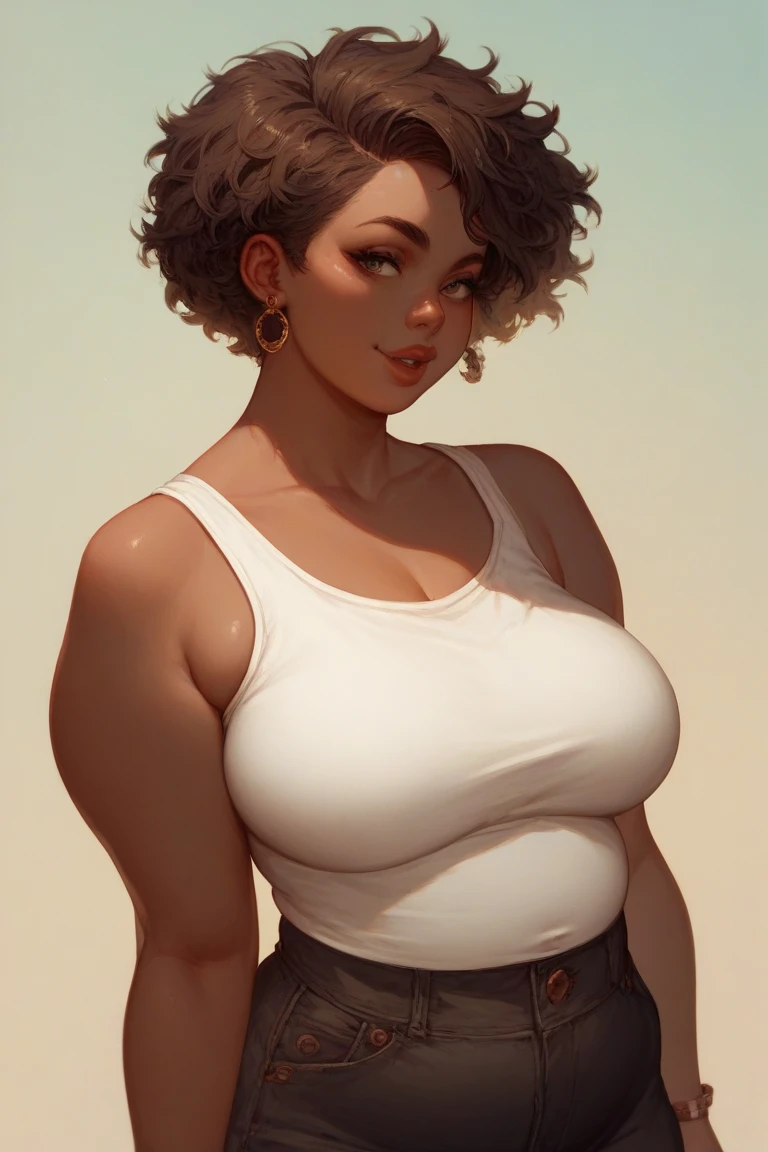 uploaded e621, score_9, score_8_up, score_7_up, score_6_up, score_5_up, score_4_up, rating_safe, smooth, source_furry, {realistic}, mature female, HUMAN, seductive, DARK SKIN, countershading, huge breasts, {{{dark brown curly bob cut hair, }}}, jeans, sweater, cleavage, tall, brown lips, hazel eyes, wide hips, extra thicc