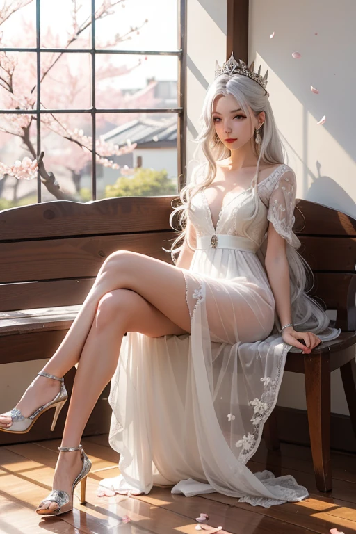 (raining day:1 girl, Girl), tmasterpiece, best qualtiy, RAW photogr, realisticlying, the face, Incredibly Ridiculous res, Beautiful elf beauty, Get wet all over, Long silver hair, White full body wedding dress,white stockings,depth of fields, A high resolution, ultra - detailed, filigree, RAWE is very detailed, very detailed eyes and faces, Sharp pupils, realistic pupil, tack sharp focus, cinmatic lighting,full bodyesbian,Bigboobs,long leges,From the front side,Main street on a rainy day,dynamicposes