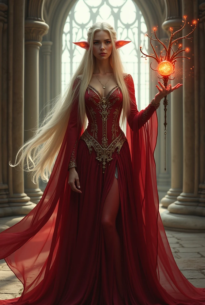 A powerful, ethereal forest queen standing majestically at the entrance to an ancient, enchanted grove in an autumnal forest, her entire silhouette fully visible. She has long, flowing white hair and antler-like projections on her head, adorned with delicate, glowing runes. Her face and hands are rendered in realistic, flawless detail. Her attire is regal, a flowing red gown with intricate gold trim and ornate patterns, highlighting her majesty and mystical nature. The dress has several elongated, tail-like extensions that emanate outwards, adding to her mystical aura. She wears a crown of intertwined vines and sparkling crystals, underscoring her connection to nature. Around her neck and wrists are elegant, glittering jewels that pulsate with a soft red light. In her left hand, she holds a magic wand topped with a radiant ruby, and her right hand emits a swirling red light that interacts with the environment, creating patterns of magical energy. The setting is an enchanted forest with towering grey trees, lit by a soft, magical light. The figure stands at the entrance to an ancient grove, surrounded by dead leaves and an enchanted mist swirling around his feet. His eyes glow with an intense red light, adding to his powerful, mysterious aura. The atmosphere is one of serene yet powerful beauty, blending the mystical elements of nature with the ethereal presence of the figure. full-body view, ensuring that the figure is completely visible from head to toe, with emphasis on an impeccable, realistic representation of his face and hands. cinematic composition, trending on artstation.
