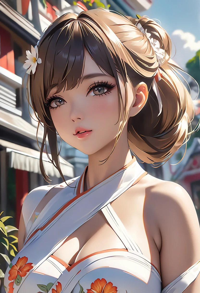 (((1 girl))),masterpiece,highest quality,Realistic,Upper Body,Long Hair,Gray Hair,Skin Texture、Beautiful Japanese Kimono、(band、peach:1.2)、The hem of the hakama is long,Milestone Celebration,White Background、Pink Coat