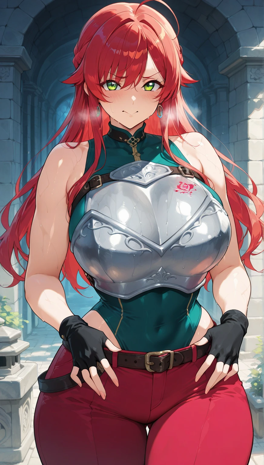 "(masterpiece:1.1), best quality, NSFW,
1girl, (80s anime style:1.3), (eyelashes:1.5), (loli:1.2),
(intricate high detailed body:1.2),
(red hair:1.1), (forehead:1.1), (long hair, twin bun:1.1), (demon horns:1.2),
red eyes, (red lip stick:1.3),
(muscular body:1.1), (perfect world gigantic, gigantic breasts:1.5),
(happy, smile:1.2), open mouth, (blush:1.2),
(see-through leotard armor, cleavage cutout:1.2), (garter belt:1.1),
(knight armor, armored boots:1.2), (suspenders:1.1), (streaked hair:1.2), collar,
(squatting, spread legs:1.1),
(cowboy shot, cameltoe:1.1),
(daytime, grassland, outdoors:1.2)"