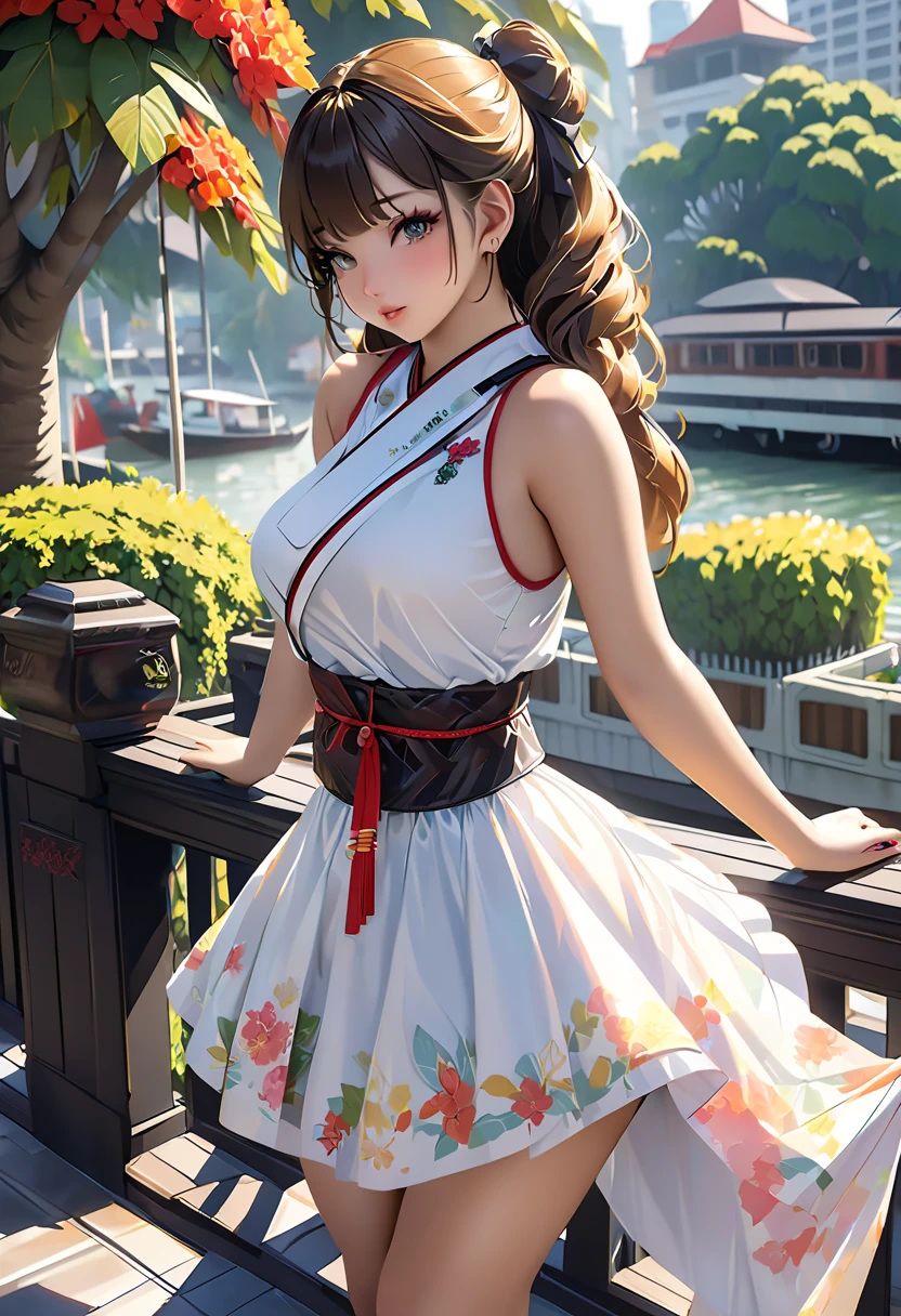 A 16-year-old girl, 154 feet tall, weighs 60 kilograms. Her hair is long black, reaching her waist. Her chest is medium-sized. Her eyes are hazel eyes. Her buttocks are medium-sized. She wears a short evening dress with a red tail. Lace, high resolution, color clarity, fine details, prominent thighs, standing next to a river, high brightness, and a sunset view.