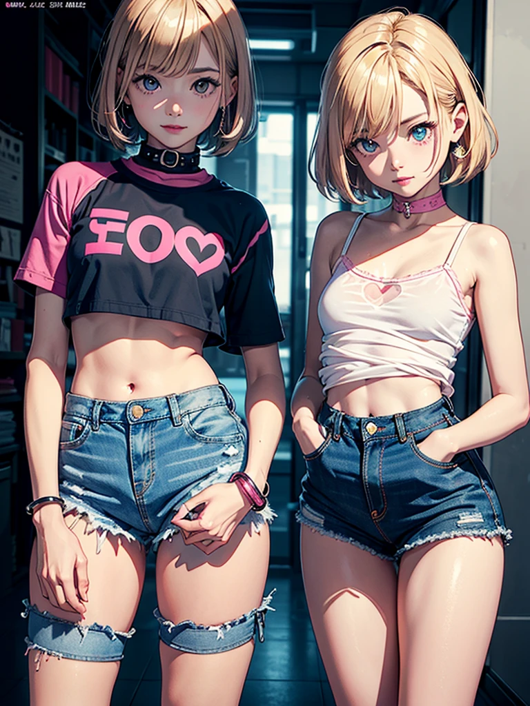 2 women with short hair falling in strands with tip at the end, one woman with pink hair and the other with white hair, (black tank top: 1.2), (black broken shorts: 1.2), fishnet stockings, thigh high stockings, yellow eyes, glasses, carabaas, pendants, (big tits: 1.5), large hips, (abraso), (looking at camera), without panties, makeup, (2 girls: 1.4), best quality, masterpiece, (realistic: 1.2), young women, detailed face, detailed eyes, detailed hair, detailed skin, dramatic, vibrant, sharp focus, 50mm, F1.2, EOS R8, (3/4 body: 1.2), standing, (complex background: 1.6), (Best quality details: 1.2), 8K High Definition,
