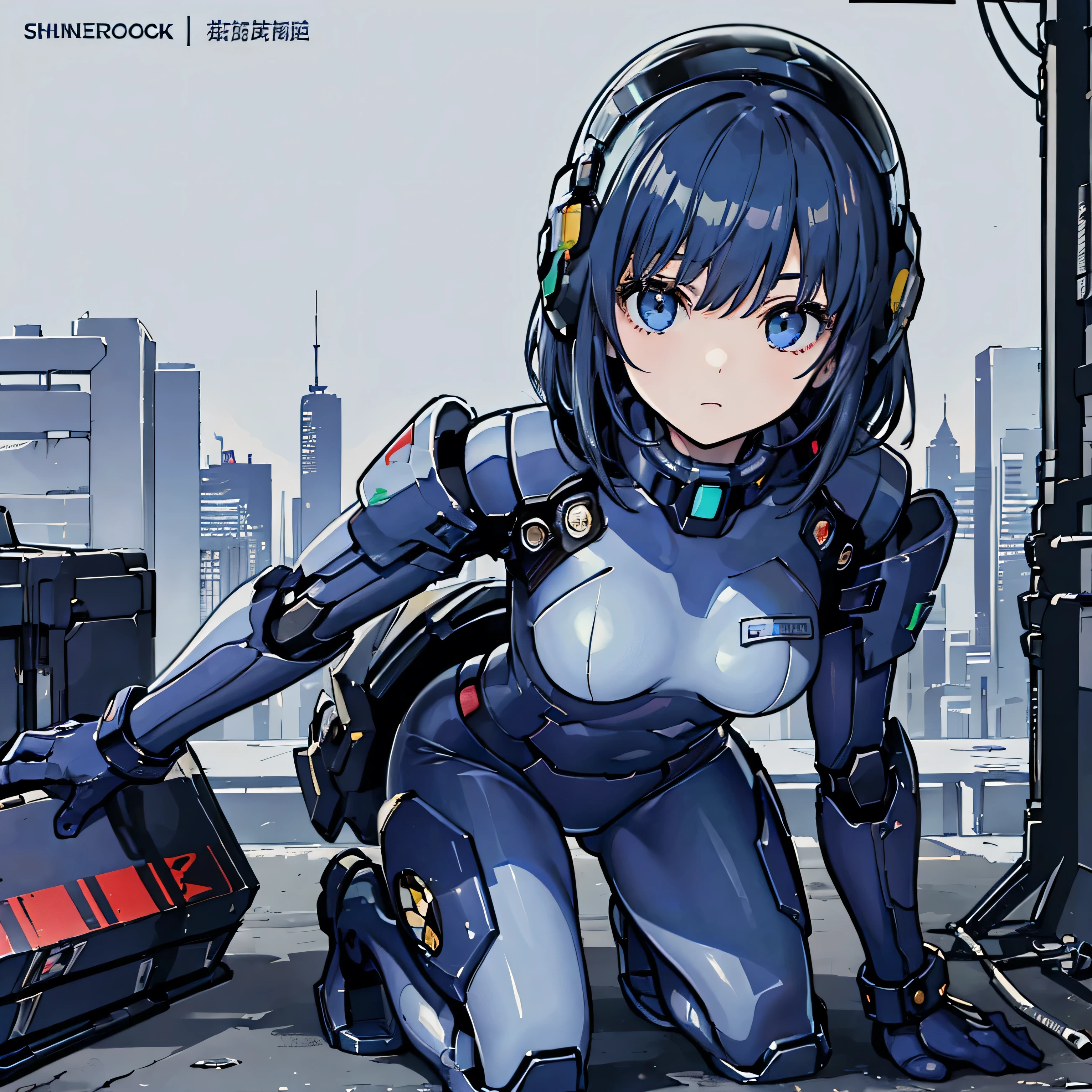 (masterpiece、Highest quality、Highest Resolution、Clear_image、Detailed details、Angle from above): (Whole body、One 20 year old girl、Japanese Faces、Small Face、Slender、Navy blue super short bob cut hair、(Hidden small breasts:1.3)、Sparkling blue eyes、Shiny pilot suit in blue and black colors、Chest protection armor、Tight fitting clothes、Clothing that covers the whole body、Glamorous clothes、Tight Fit Pants、Hide your skin、Very delicate and beautiful、Detailed Skin、hide thighs、Hide your ass、Cute、A gentle smile、Soft expression、heroine、headset、Knee-high boots、Elbow-length gloves、Eye Level Shot、Face directly、Woman on a spaceship)