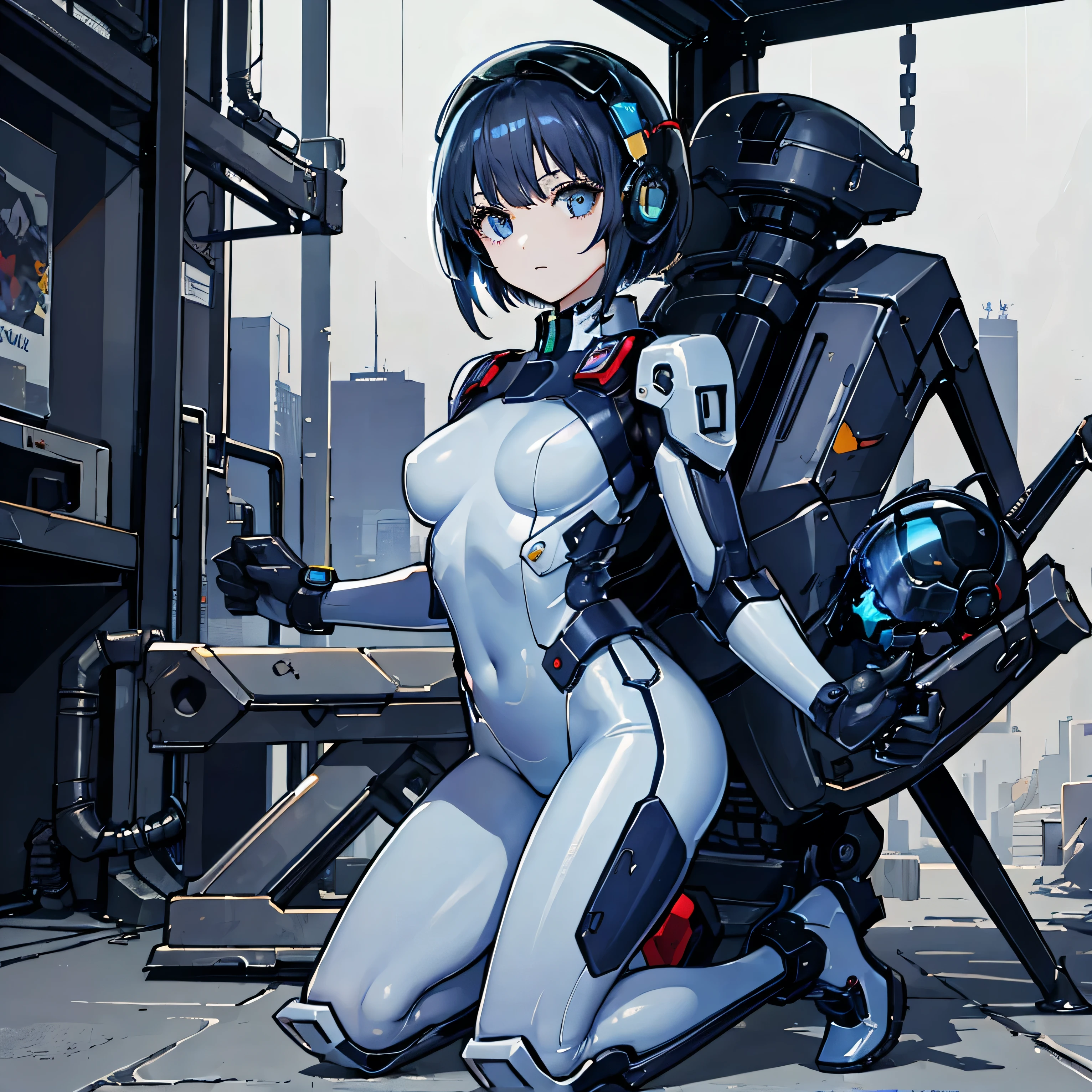 android, femboy, male, joints, robot, black eyes, midnight blue hair, circuits running through skin, braided hair, uniform, curvy, flat chest, male chest, 1boy, solo, wide hips, big ass, bulge