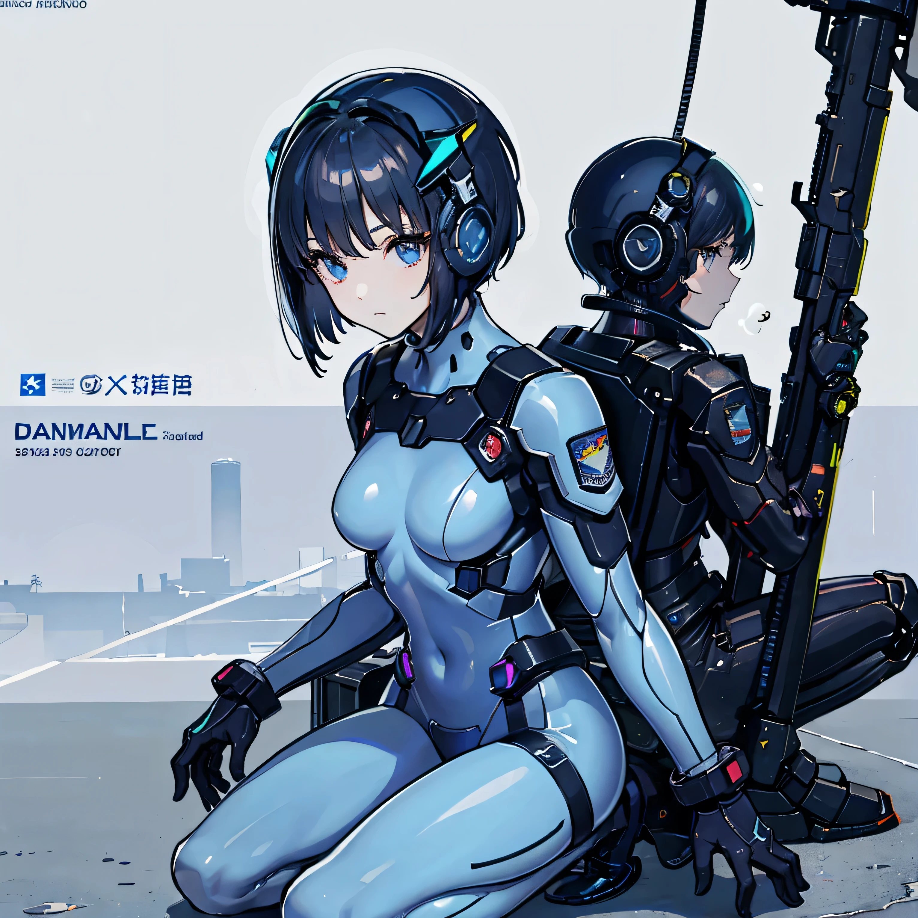 A cyborg woman with an athletic, voluptuous figure, short bob haircut, blue hair and eyes, posing sensually in a bedroom interior, 8K resolution, photorealistic, detailed description