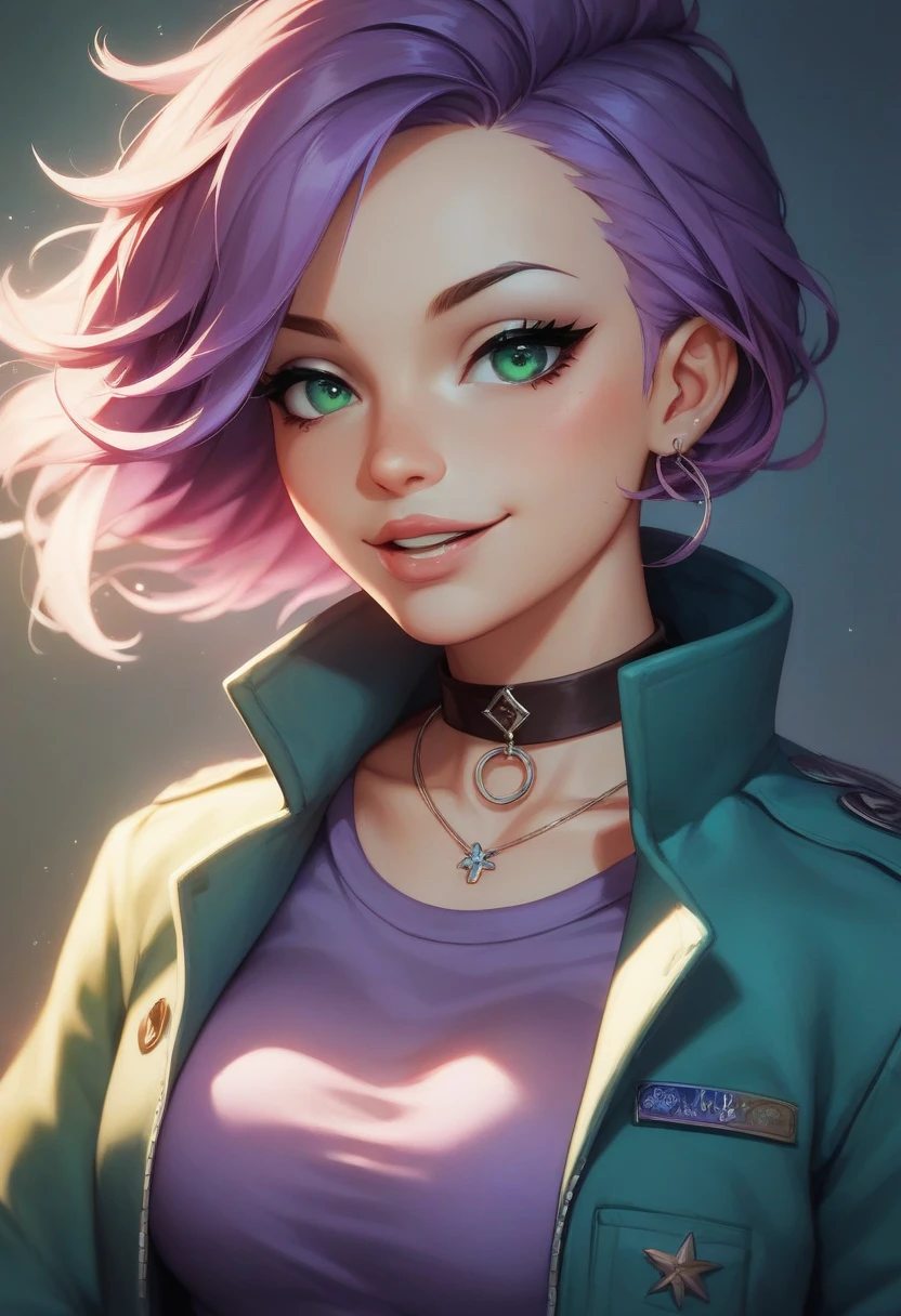 Close-up, purple-haired woman, mint green eyes, a black choker on her neck and a mint green jacket