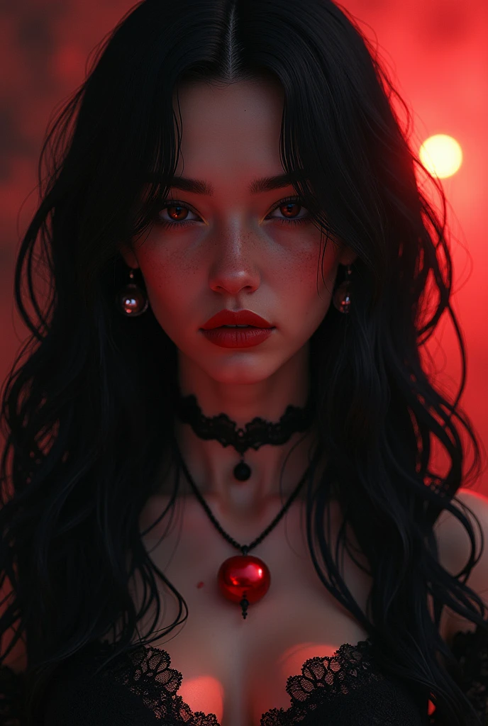 aa portrait of vampire with a bloody tear coming down from he eye, an exotic beautiful female vampire, dynamic hair color hair color, dynamic hair style, ultra detailed face, best detailed face, silver eye color, ((1single red teardrop: 1.3)), ((tear drop made from blood)), ((teardrop coming down from the eye: 1.3)), small cleavage, wearing two black diamond earrings, Ultra-high resolution, High Contrast, (masterpiece:1.5), highest quality, Best aesthetics), 16K fantasy art, best details, best quality, highres, (ultra wide angle: 1.2), 16k, [ultra detailed], masterpiece, best quality, (extremely detailed), ladyshadow, magical sky, crying style, vampire teeth