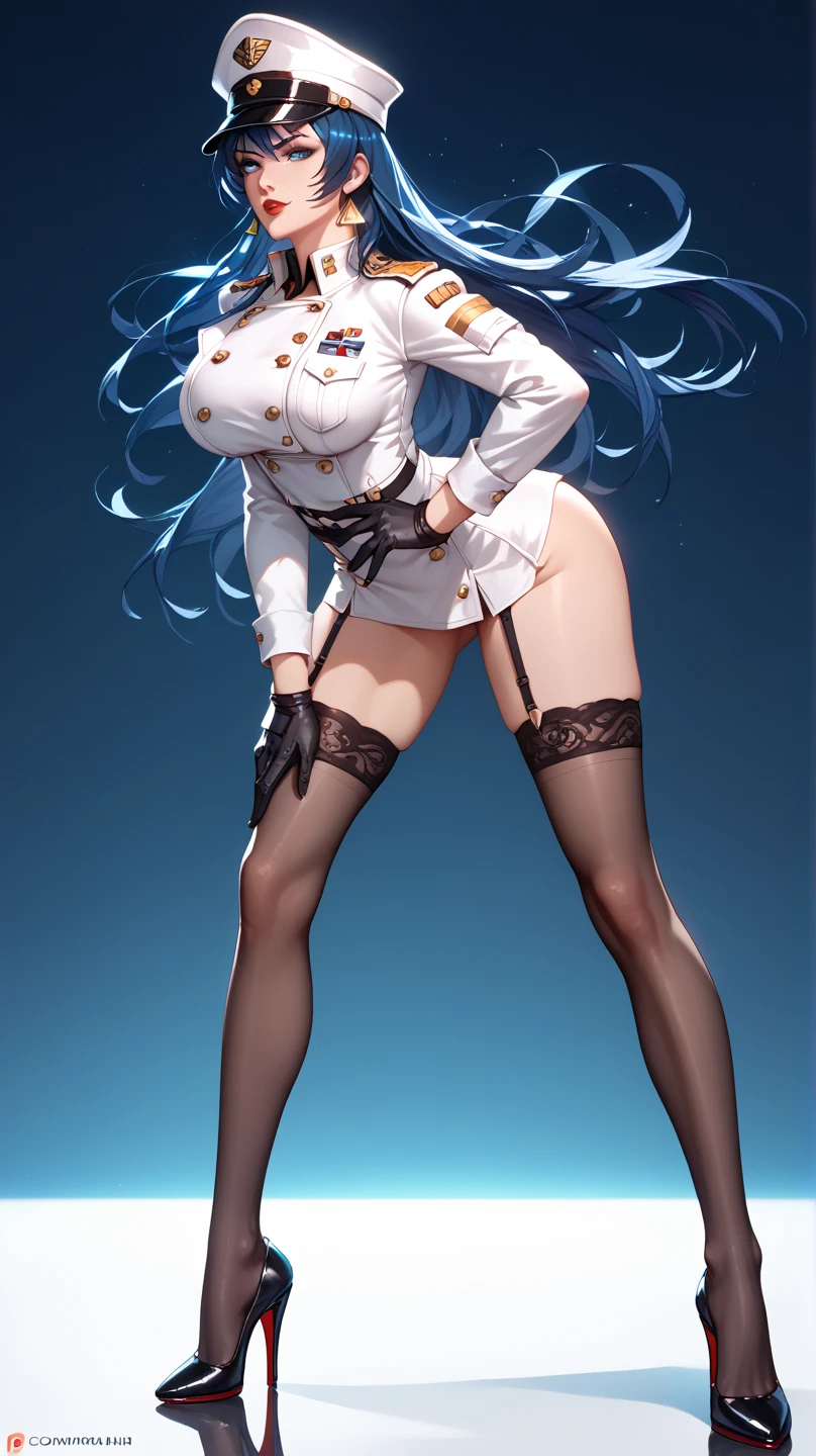 (masterpiece, best quality:1.2), solo, 1girl, esdeath, smile, looking at viewer, white peaked cap, white military uniform, white thighs, (gigantic breasts:1.3), grinning, (front view), (looking at viewer), standing, posing