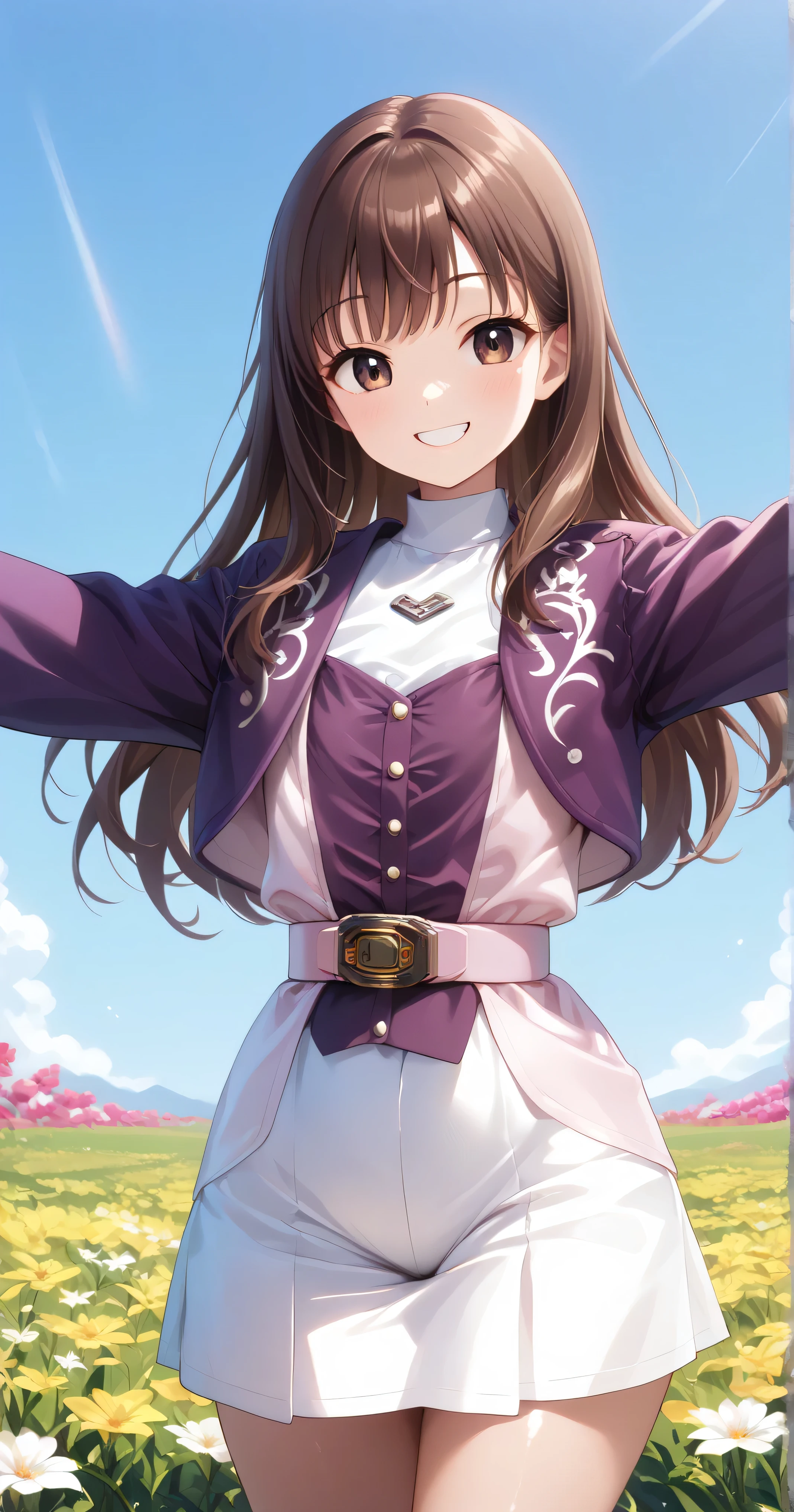 (高精細CG), (top quality),((frontal view)), ((Flower field background)),((Composition showing the top from the waist)),((spread both arms)),(( 1girl )),perfect face, shiny skin , wide hips, Thin Waist, purple bolero jacket, Long Sleeve, (((white skirt))), pink belt , ((brown hair)),((Straight Hair)),((Smiling Face)),