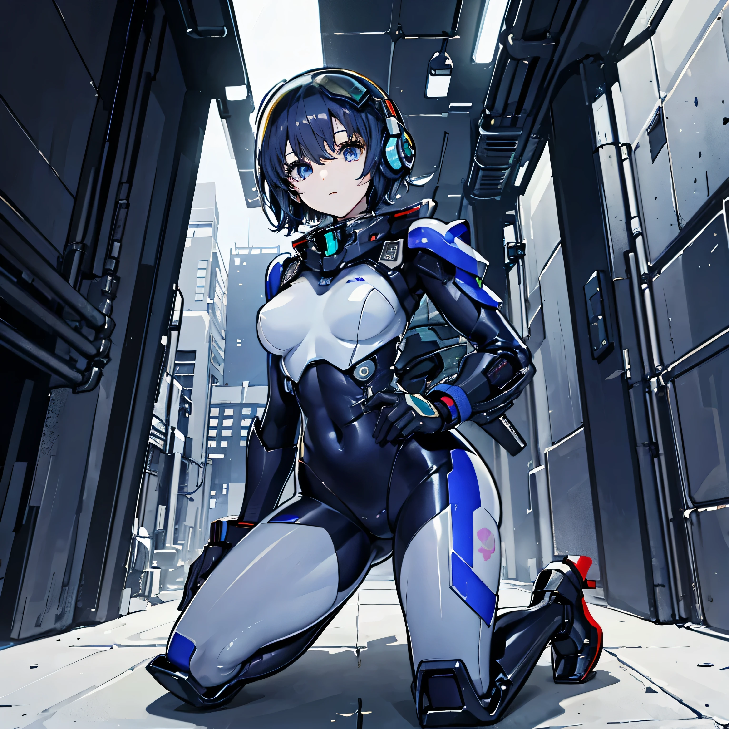 dark blue hair、masterpiece、Best Quality、1 girl、Shining Eyes、medium breasts、((album cover))、light on face、slender body、Navy blue and white outfit、exoskeleton、Metal Gear、cyberpunk style、Gundam Pilot、attention arousal,Kneeling pose、 Wear a pilot helmet、 Futuristic City