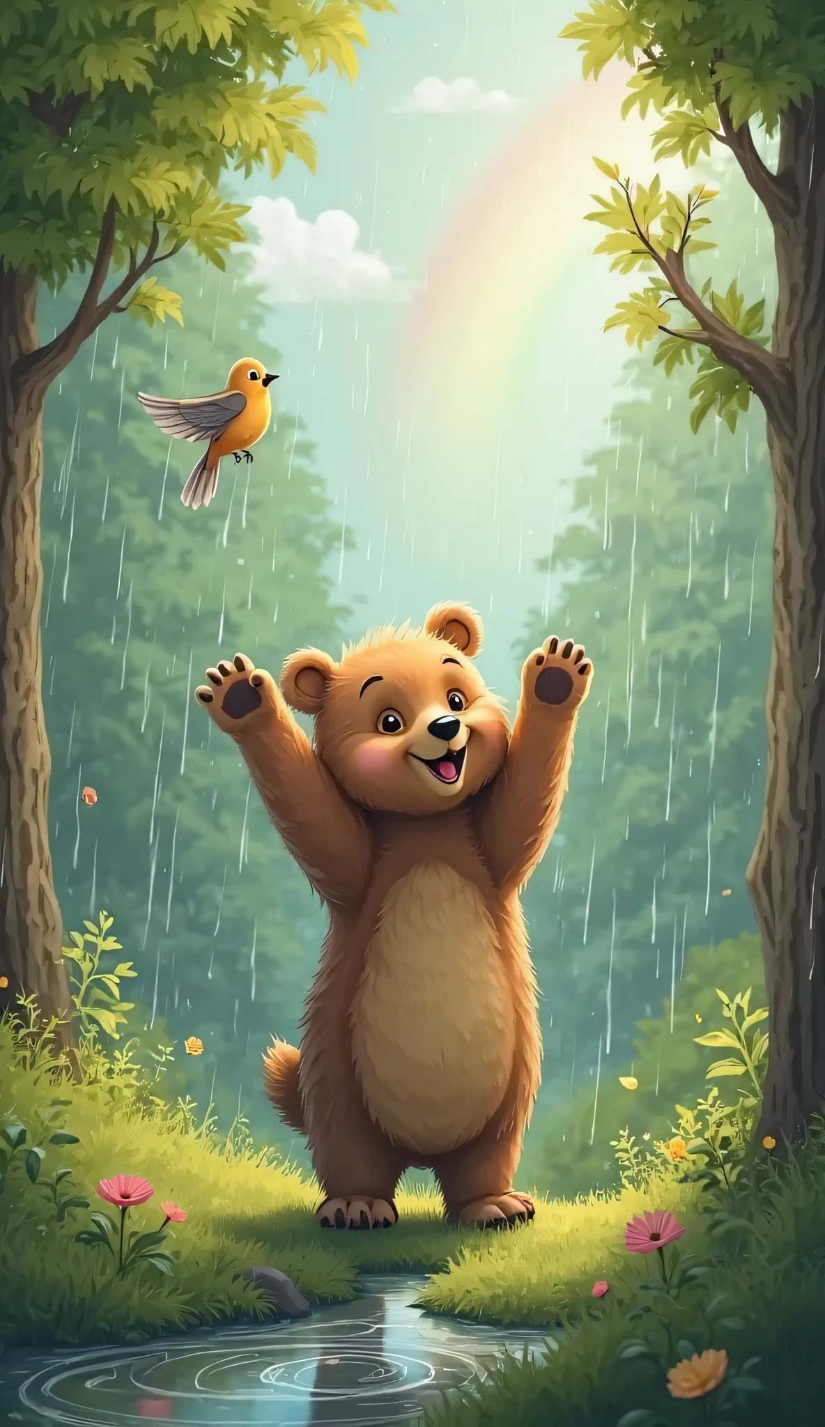 a small brown bear standing in a green forest in the rain, raising its hands happily towards the sky while the drops fall on it. lush trees surround it. There is a small stream with circles formed due to rain. in the background, a faint rainbow appears among the light gray clouds, and a small bird watches the bear in amazement. The scene is full of life and bright nature.