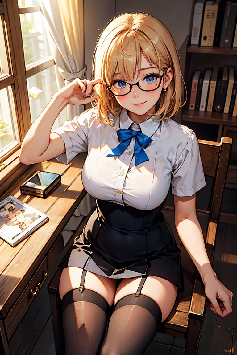masterpiece, highest quality, Super detailed, modern、1 girl, whole body、Erotic, hentai, cum, partially undressed, tall, slender、big breasts、blonde, long ponytail, bright blue eyes、seductive lips、lure、sexy、smile、home tutor、foreigner、panties、sweater、big ass、smile、bright look、round glasses、cowgirl sex