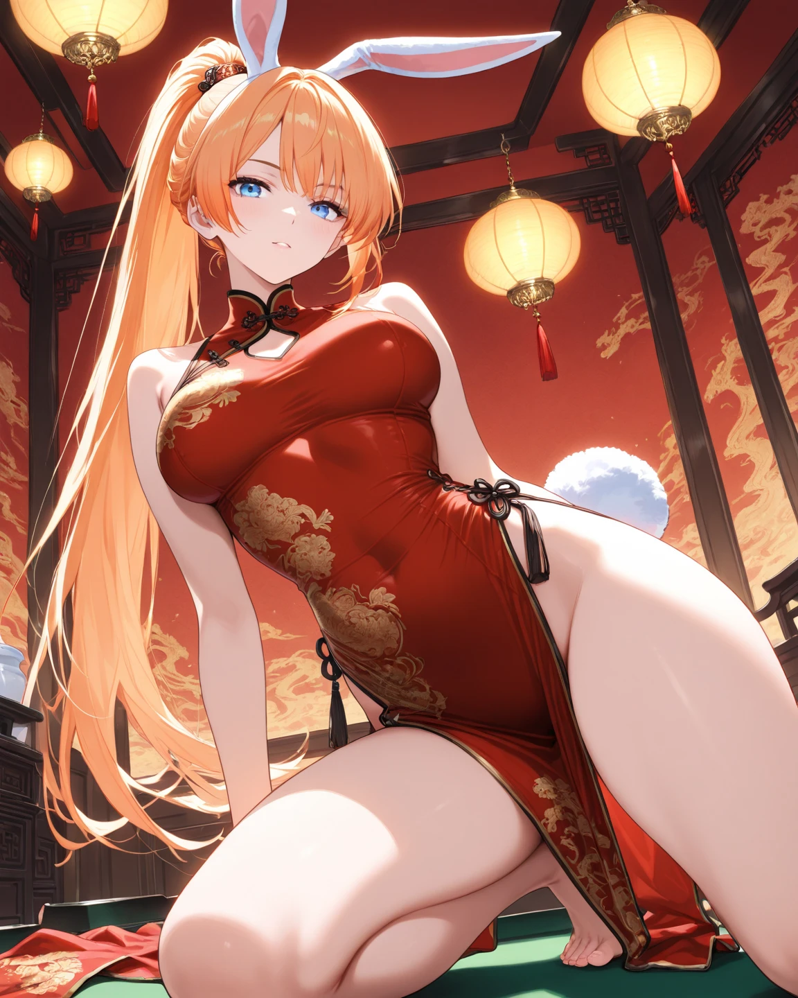 ((One girl)), Beautiful Face,A happy look,Blushing,smile,Glossy Lips,Abstract, night,Chinese court, ((Anime style background)),masterpiece, highest quality, so beautiful, Absurd, up to date, Complex details, Pink long nails,AI-generated, Complex,High resolution, highest quality, super high quality,3D Images、View the viewers、3D Images,one person,Long Blonde Hair,High Ponytail,blue eyes,Anime woman posing for a photo, [[Fine grain、Colorful eyes、Shining Eyes:1.15]],(Squint your eyes:1.1),a hyper realistic , Blonde anime woman with long hair, Smooth anime CG art, Beautiful Chinese court lady, Chinese court costume,Gold embroidered floral dress,Flower Hair Ornaments,Earrings,(Large Breasts:1.4),Mature Body,tall,Big Ass,Fine details,Abdominal muscles,Tilt your face,Put your hand on your chin,Look Back