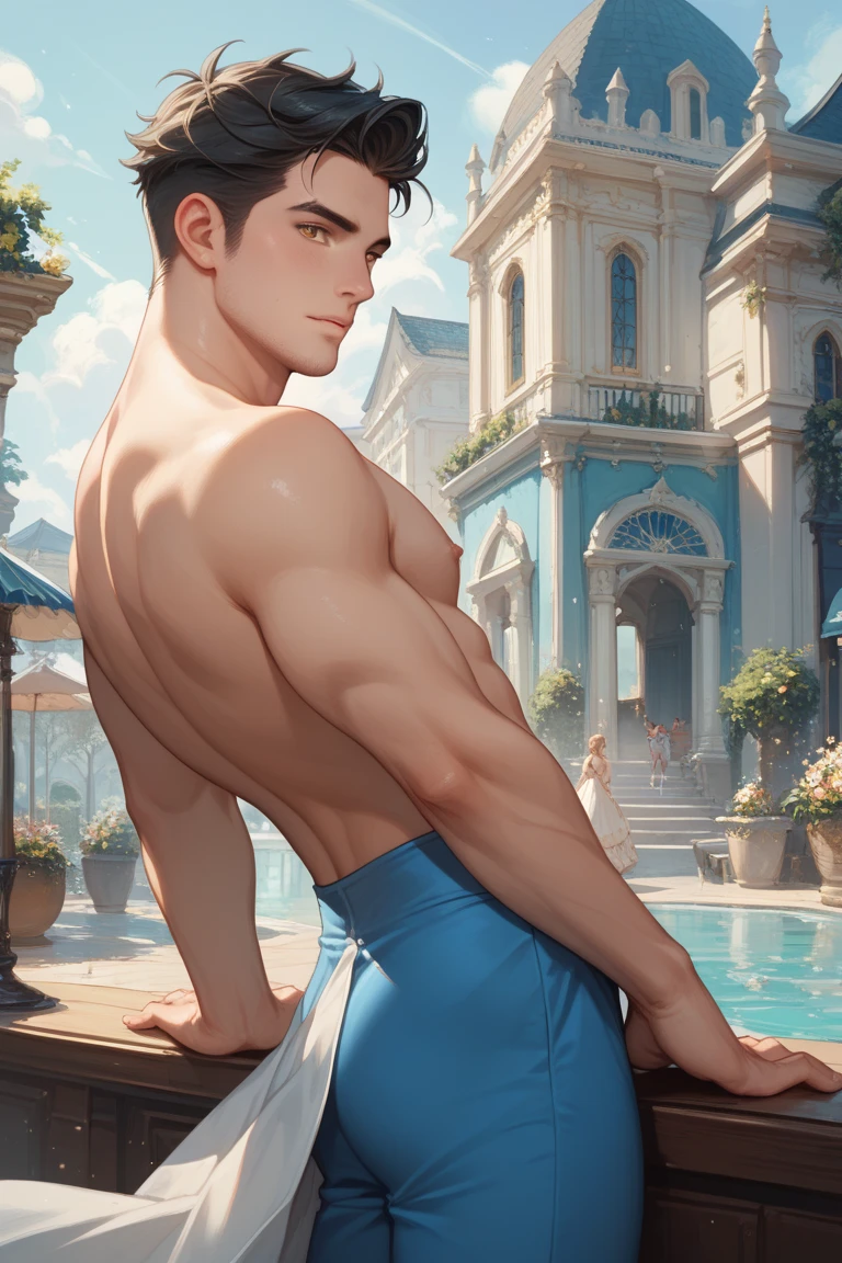 Realistic, detailed, 1 young bombed man, warrior, castle in the background, naked torso, chaps, 4 sit-ups, lascivious look, raising a flag, detailed face, detailed hair, detailed hands, detailed legs, detailed eyes, detailed skin, dynamic lighting, detailed face, detailed hands, detailed legs, detailed fingers, detailed hair, detailed eyes, detailed skin, dynamic lighting, (photorealistic: 1.4), 8k uhd, (hyper realistic), (realistic photo), (masterpiece), (best quality)