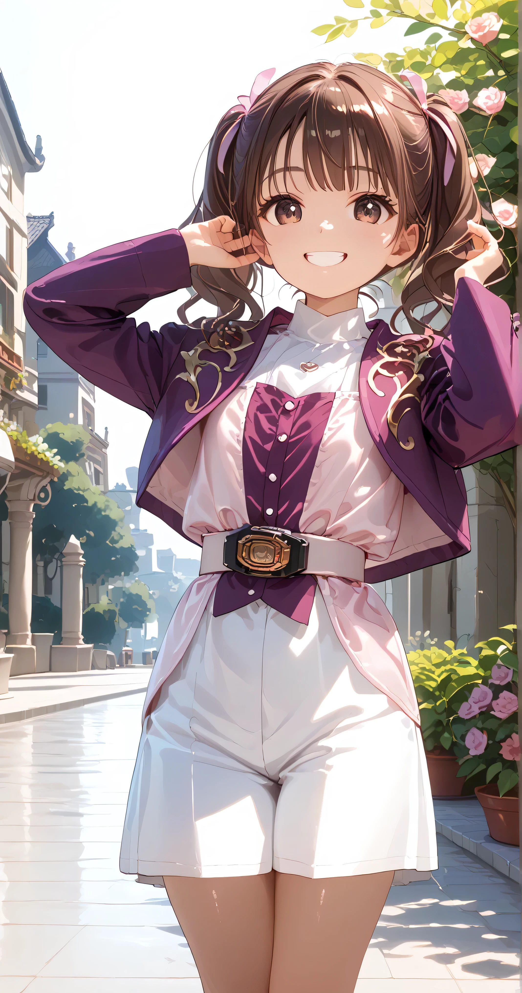 (高精細CG), (top quality),((frontal view)), (( garden background )),((Composition showing the top from the waist)),((spread both arms)),(( 1girl )),perfect face, shiny skin , wide hips, Thin Waist, purple bolero jacket,long sleeve, (((white skirt))), pink belt , ((brown hair)),((Straight Hair)),((Smiling Face)),