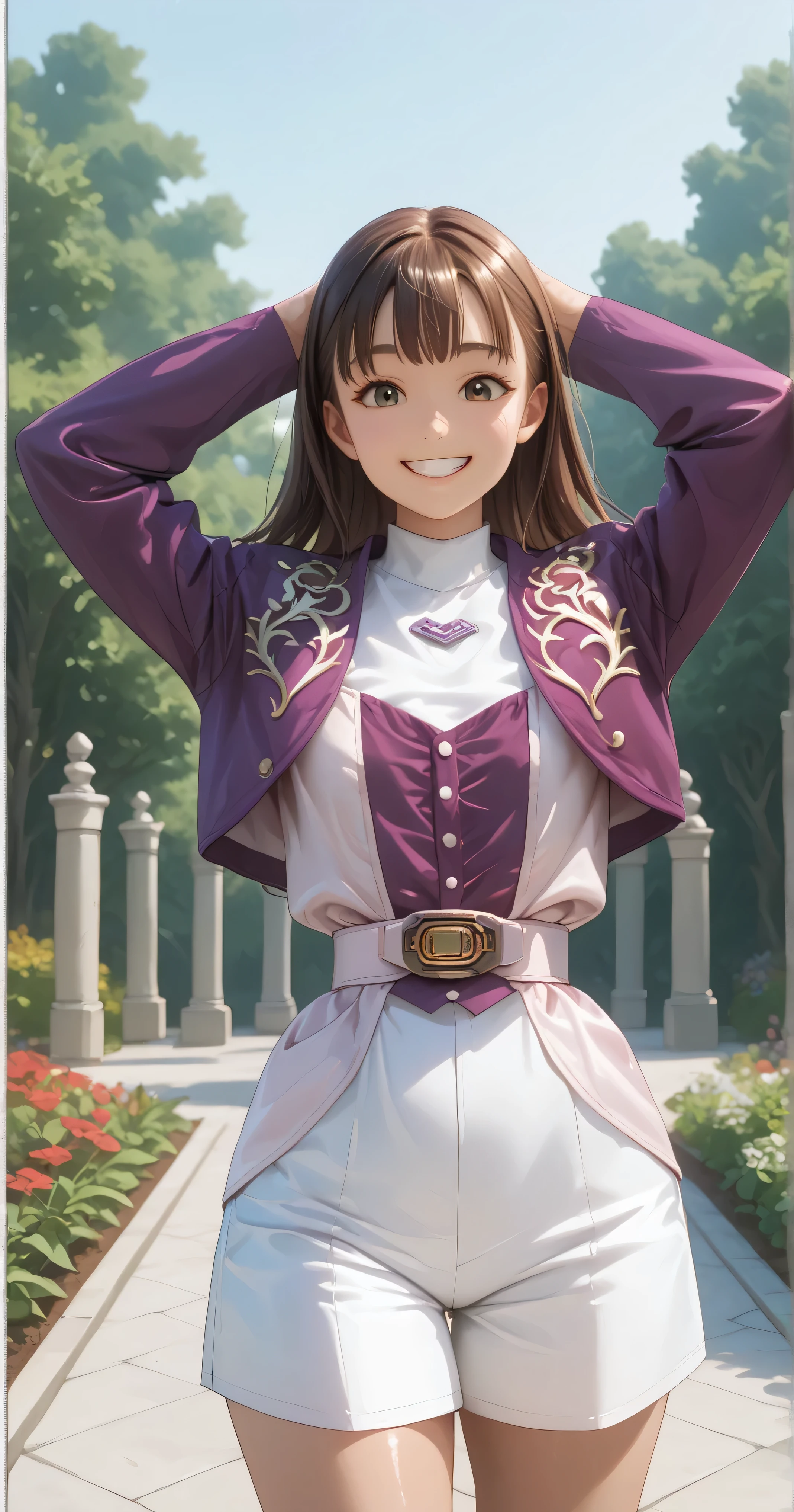 (高精細CG), (top quality),((frontal view)), (( garden background )),((Composition showing the top from the waist)),((spread both arms)),(( 1girl )),perfect face, shiny skin , wide hips, Thin Waist, purple bolero jacket, Long Sleeve, (((white skirt))), pink belt , ((brown hair)),((Straight Hair)),((Smiling Face)),