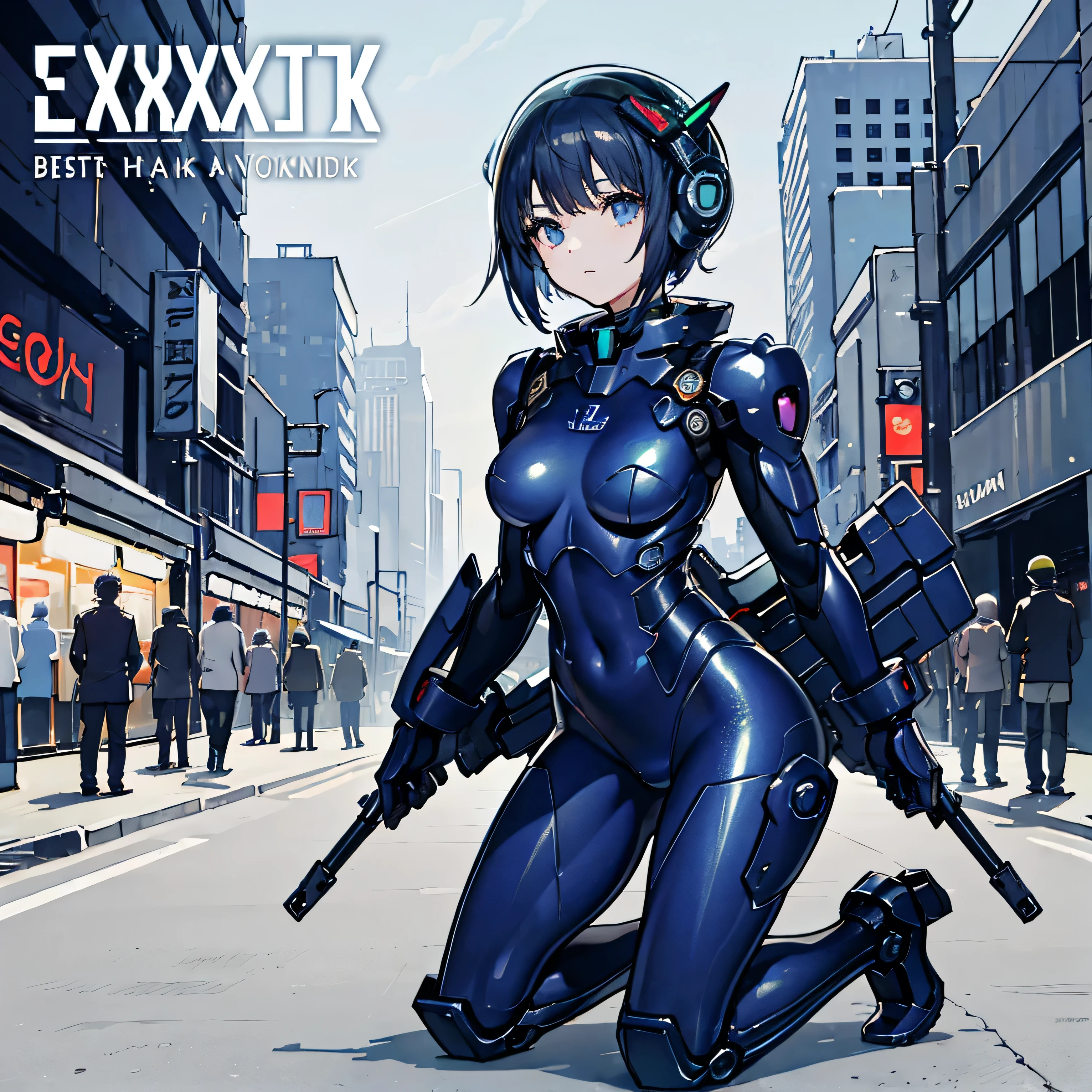 comic book cover, character concept art, 1girl, fair skin, Yusuke Murata style, vampire teeth, sensual mouth, cyberpunk style short hair, black hair, blue eyes, arm tattoo, beautiful anime girl, female anime girl, muscular!, big oppai, ilya kuvshinov, badass 8k anime, very attractive, gothic, beautiful face, sweaty body, perfect body, fit body, abs, big breasts, chubby butt, prancing ass, prancing butt, mercenary clothes, noir background, pale skin, vampire, kawai face, sensual body, topless,